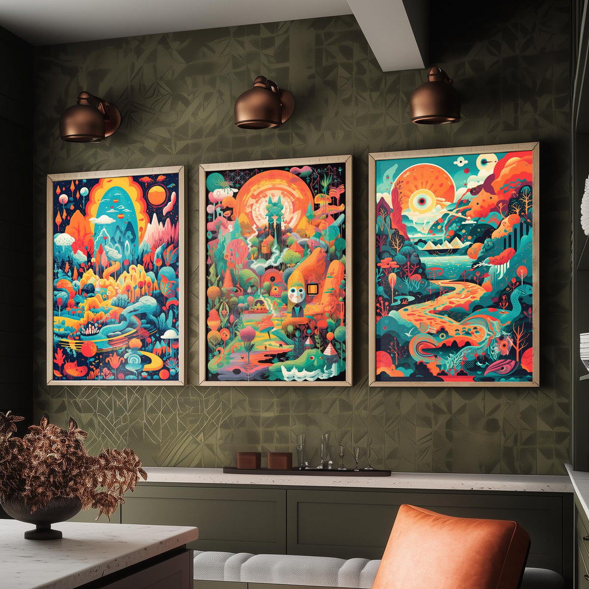 Psychedelic Landscapes Set of Three Art Prints - Surreal Fantasy Worlds - Neon Retro Poster Illustration