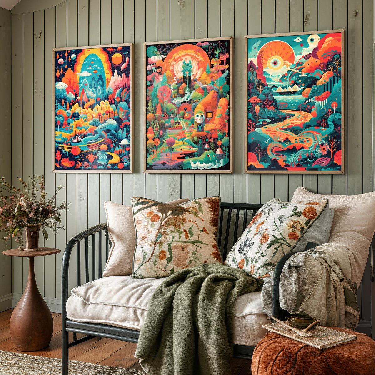 Psychedelic Landscapes Set of Three Art Prints - Surreal Fantasy Worlds - Neon Retro Poster Illustration