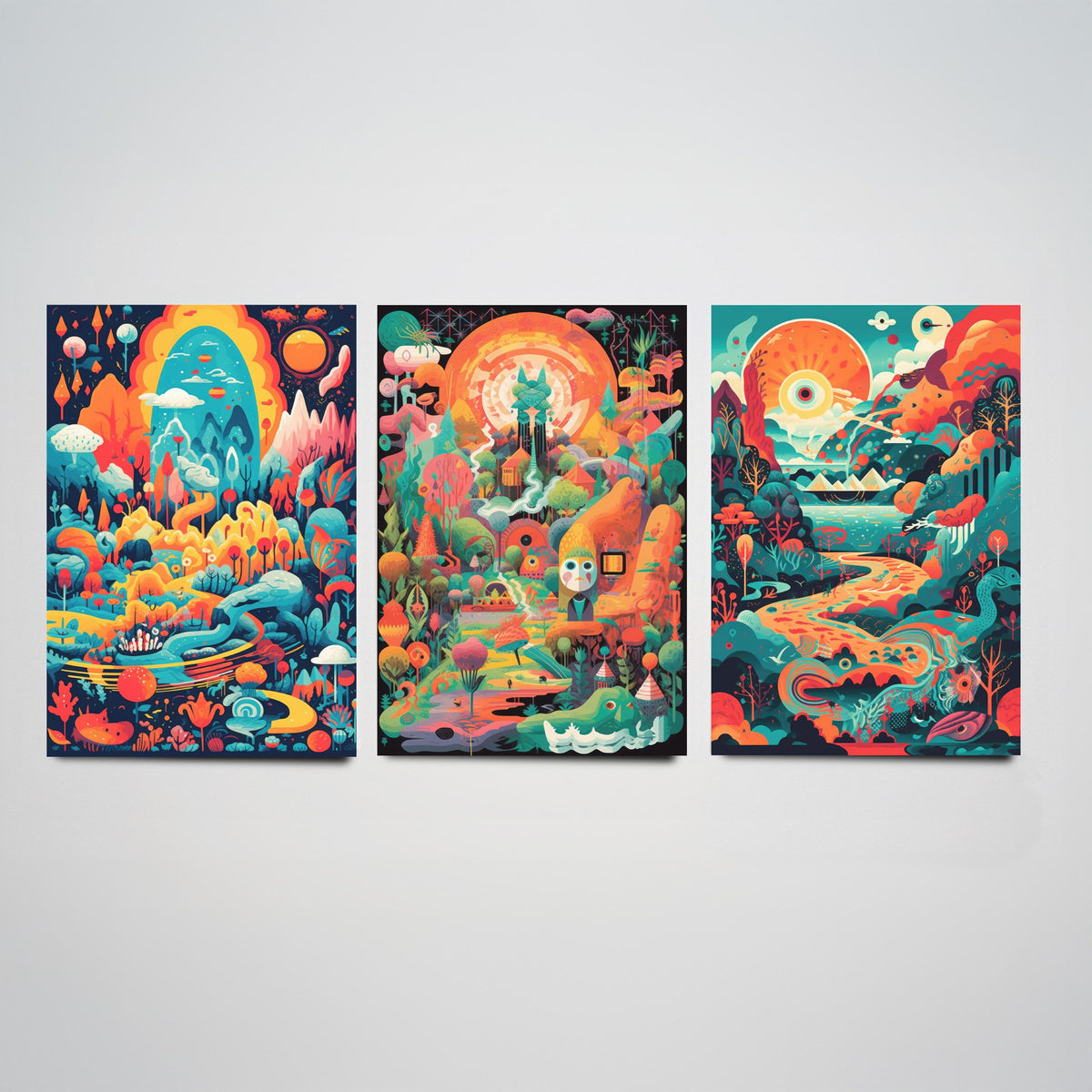 Psychedelic Landscapes Set of Three Art Prints - Surreal Fantasy Worlds - Neon Retro Poster Illustration