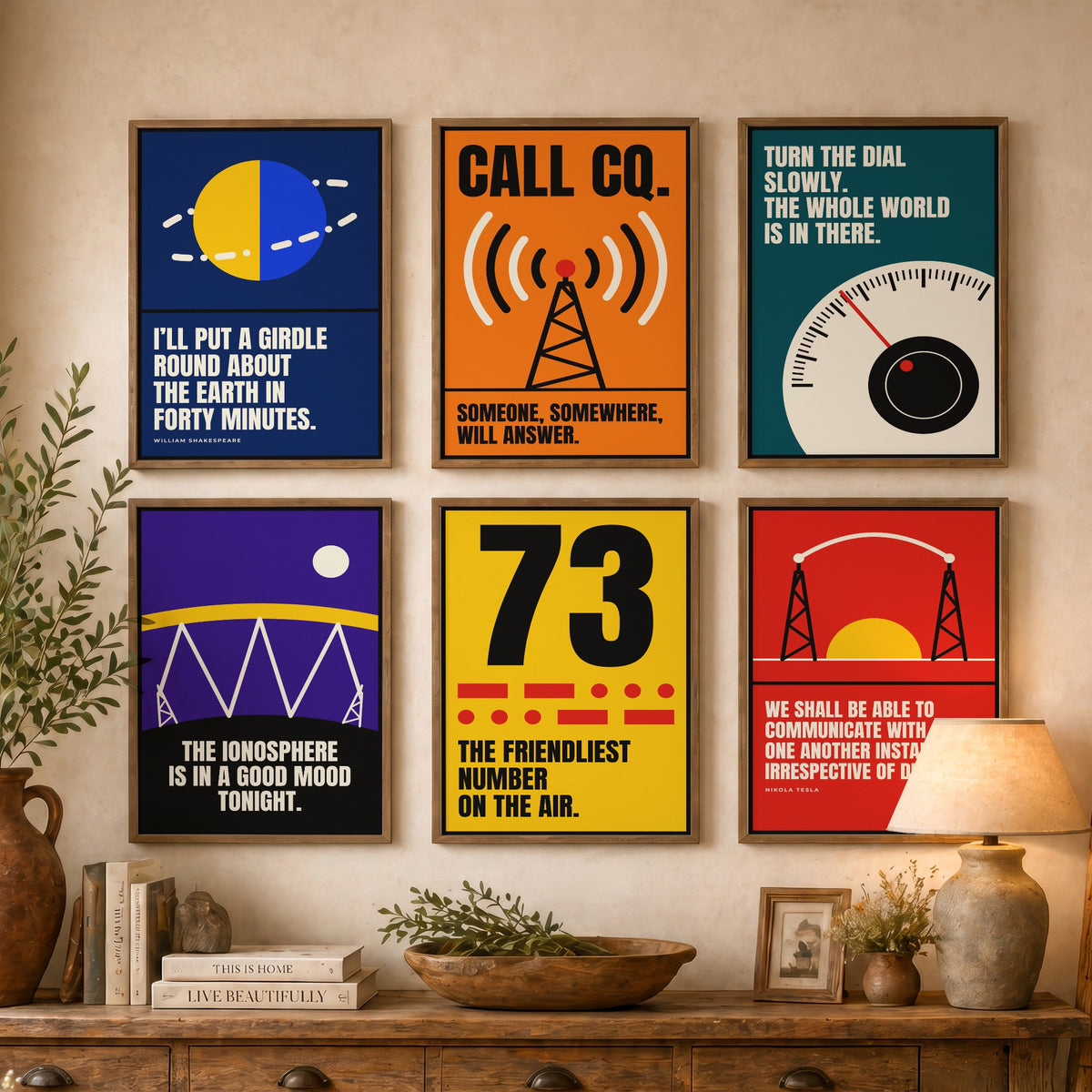 Set of Six Ham Radio Quote Art Prints - 6 Bauhaus Amateur Radio Posters - Minimalist Tech Illustration - Antenna, Morse, Dial