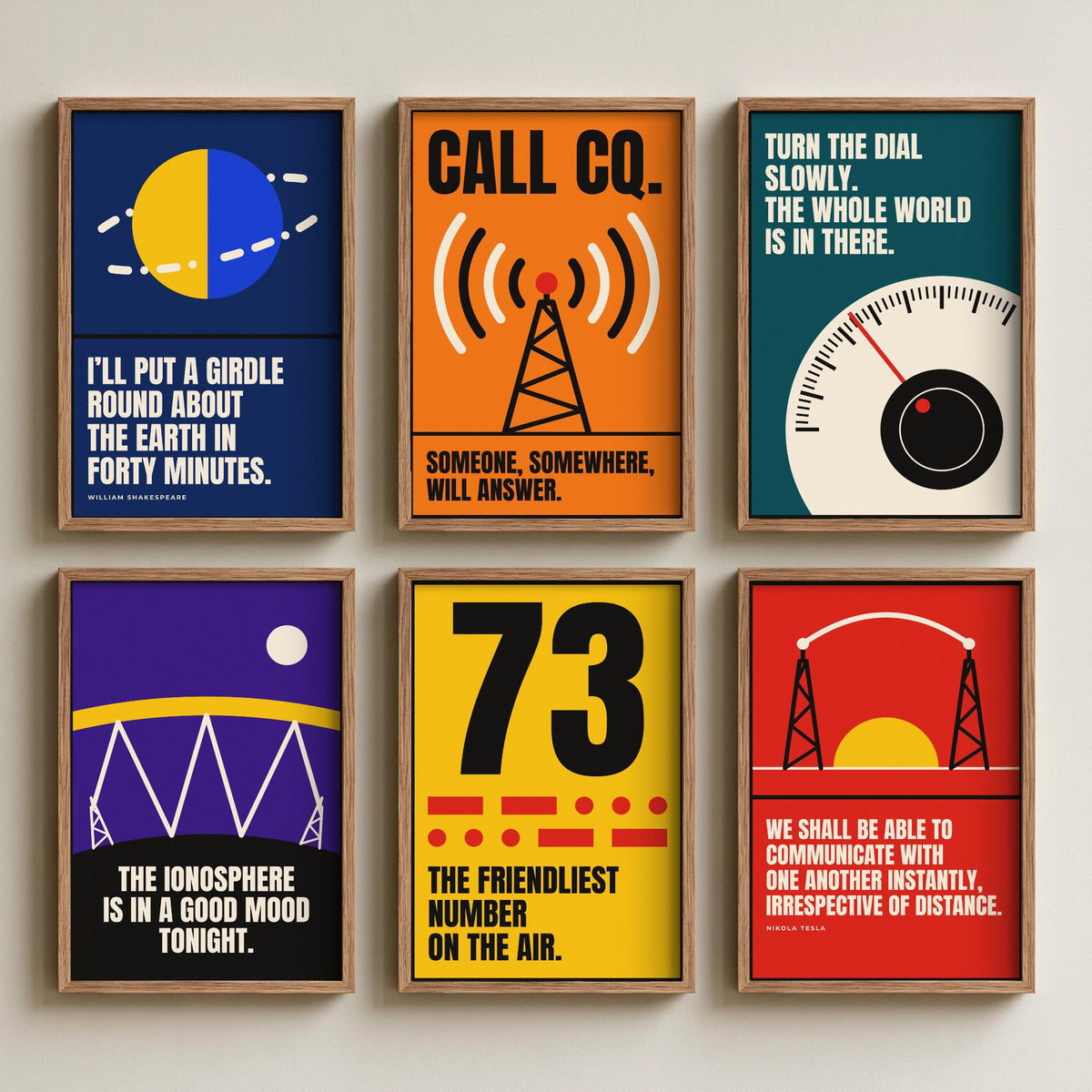 Set of Six Ham Radio Quote Art Prints - 6 Bauhaus Amateur Radio Posters - Minimalist Tech Illustration - Antenna, Morse, Dial