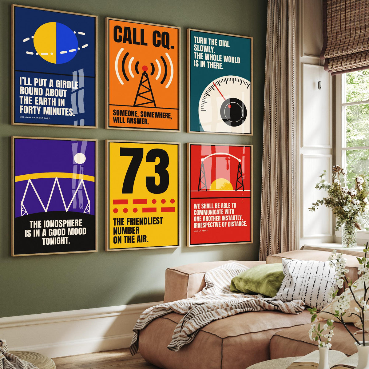 Set of Six Ham Radio Quote Art Prints - 6 Bauhaus Amateur Radio Posters - Minimalist Tech Illustration - Antenna, Morse, Dial