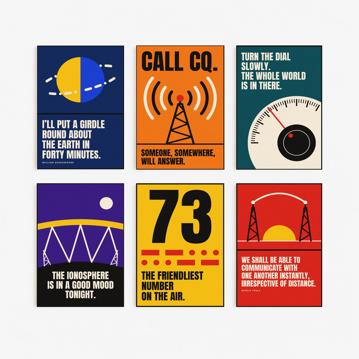 Set of Six Ham Radio Quote Art Prints - 6 Bauhaus Amateur Radio Posters - Minimalist Tech Illustration - Antenna, Morse, Dial