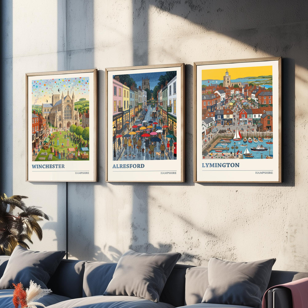 Hampshire Set of Three Art Prints - Winchester, Alresford, Lymington - 3 Colourful Folk Illustration Travel Posters - Hampshire Painting