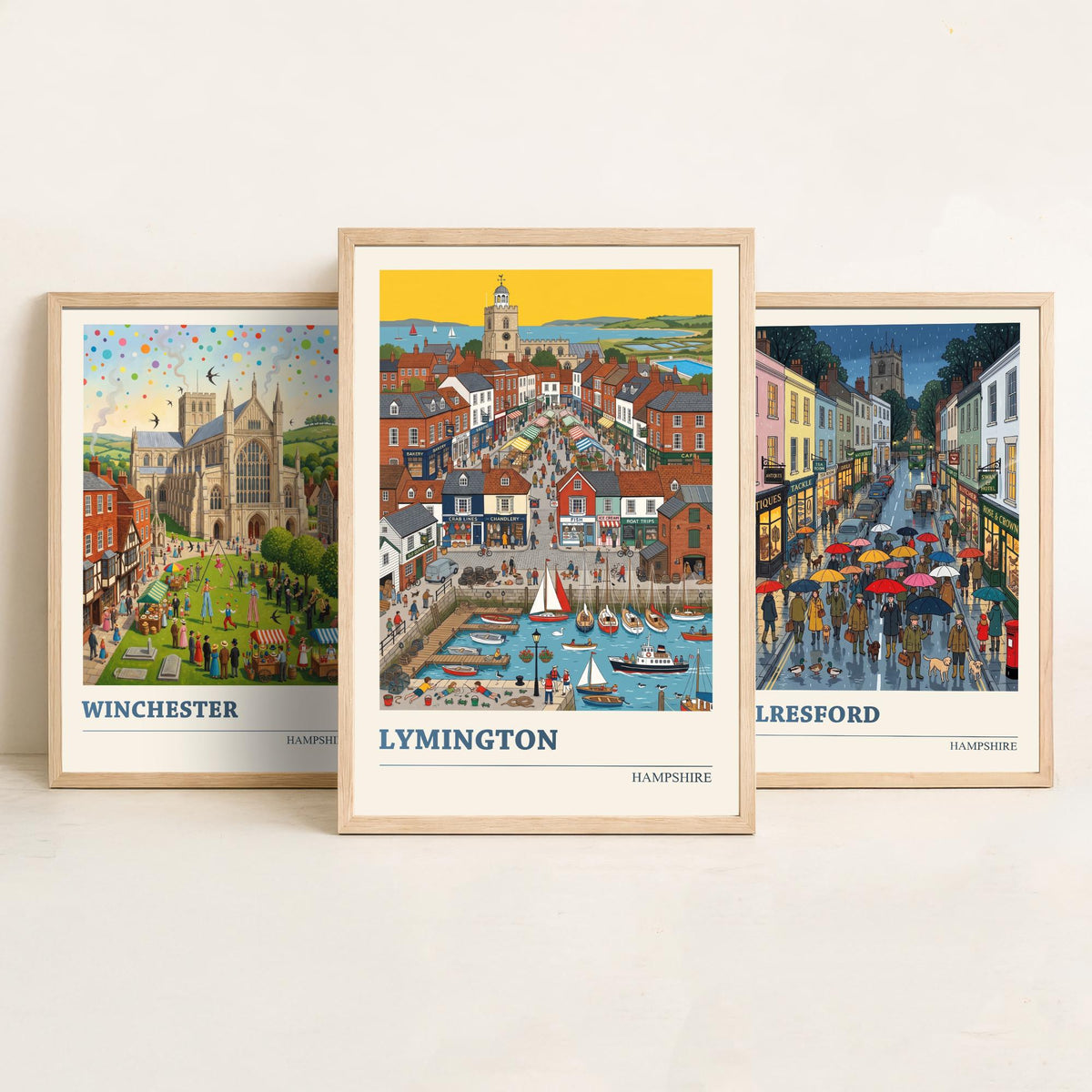 Hampshire Set of Three Art Prints - Winchester, Alresford, Lymington - 3 Colourful Folk Illustration Travel Posters - Hampshire Painting