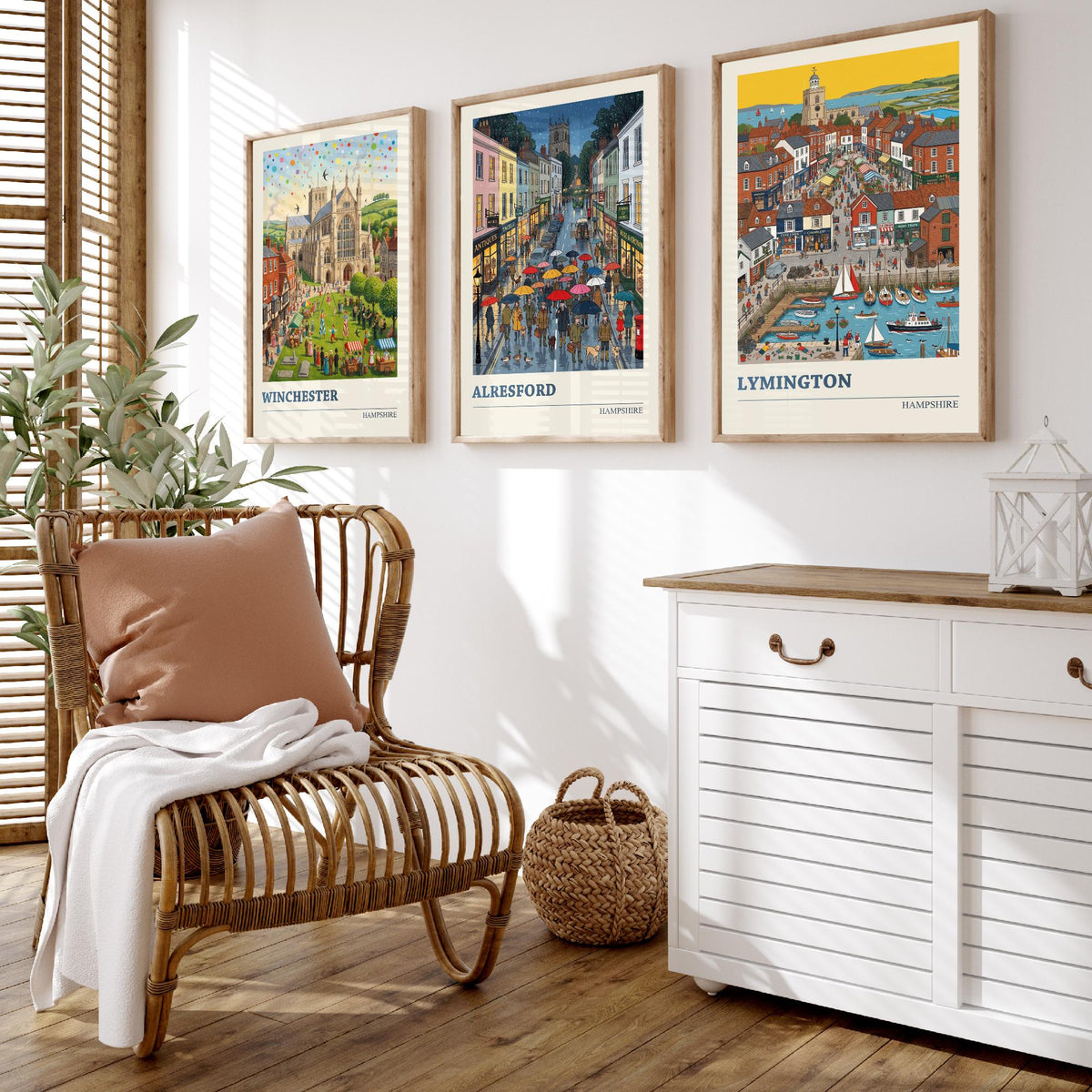 Hampshire Set of Three Art Prints - Winchester, Alresford, Lymington - 3 Colourful Folk Illustration Travel Posters - Hampshire Painting