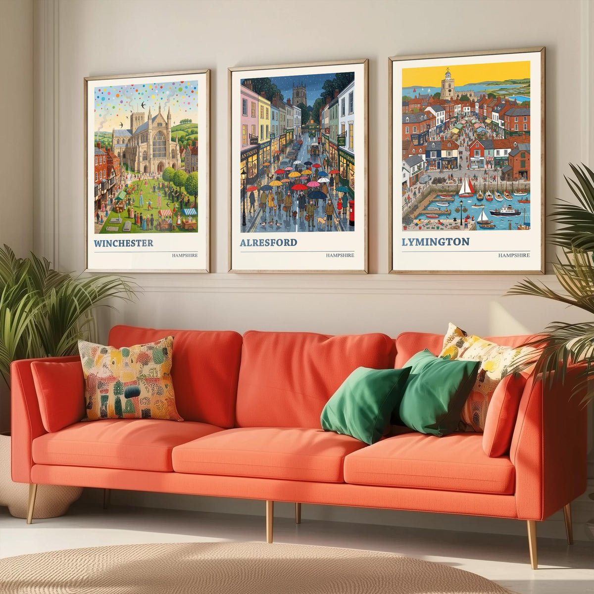 Hampshire Set of Three Art Prints - Winchester, Alresford, Lymington - 3 Colourful Folk Illustration Travel Posters - Hampshire Painting