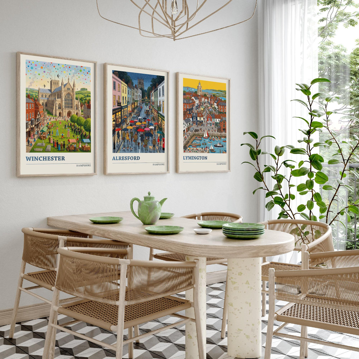 Hampshire Set of Three Art Prints - Winchester, Alresford, Lymington - 3 Colourful Folk Illustration Travel Posters - Hampshire Painting