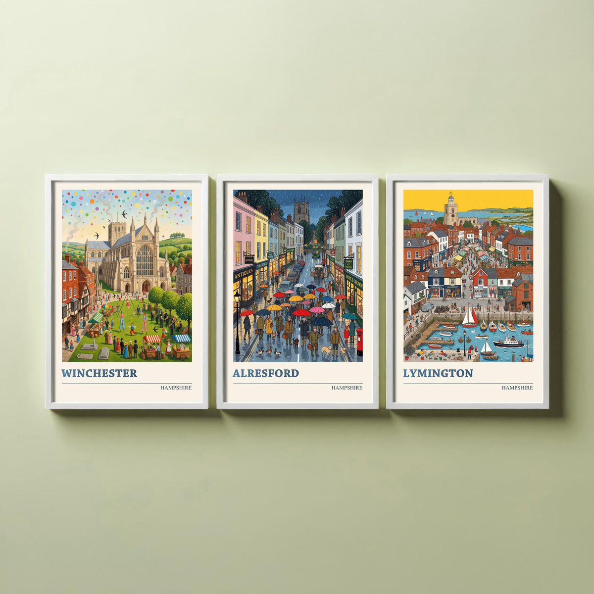 Hampshire Set of Three Art Prints - Winchester, Alresford, Lymington - 3 Colourful Folk Illustration Travel Posters - Hampshire Painting