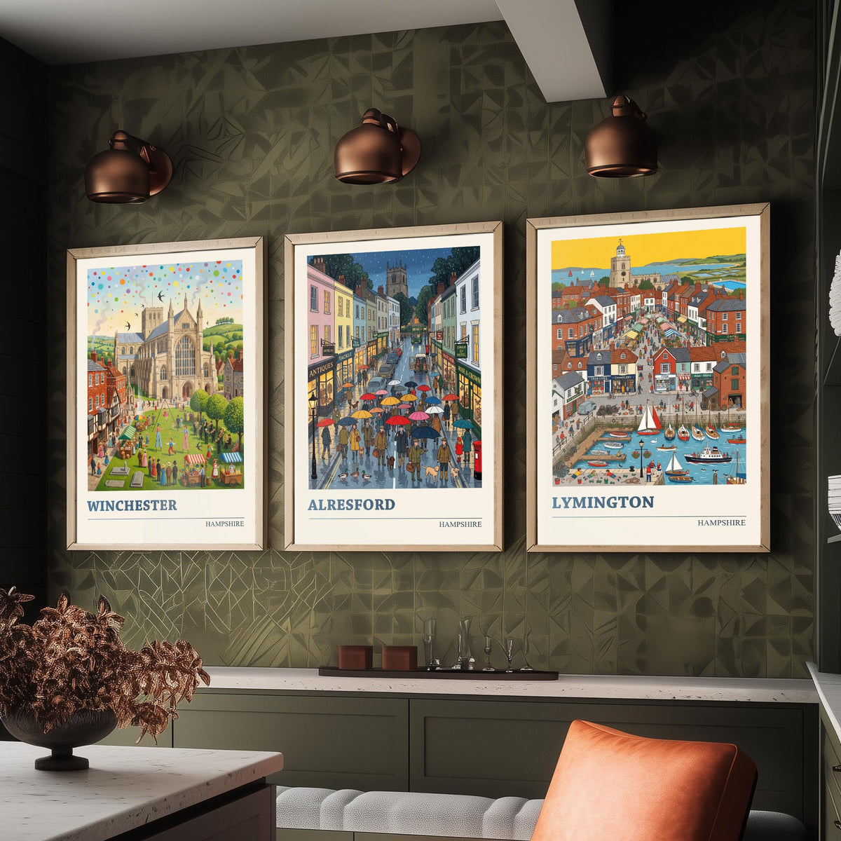 Hampshire Set of Three Art Prints - Winchester, Alresford, Lymington - 3 Colourful Folk Illustration Travel Posters - Hampshire Painting