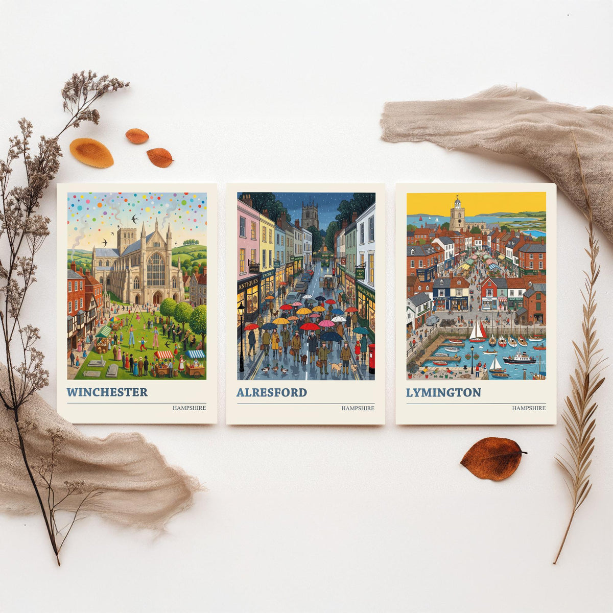 Hampshire Set of Three Art Prints - Winchester, Alresford, Lymington - 3 Colourful Folk Illustration Travel Posters - Hampshire Painting