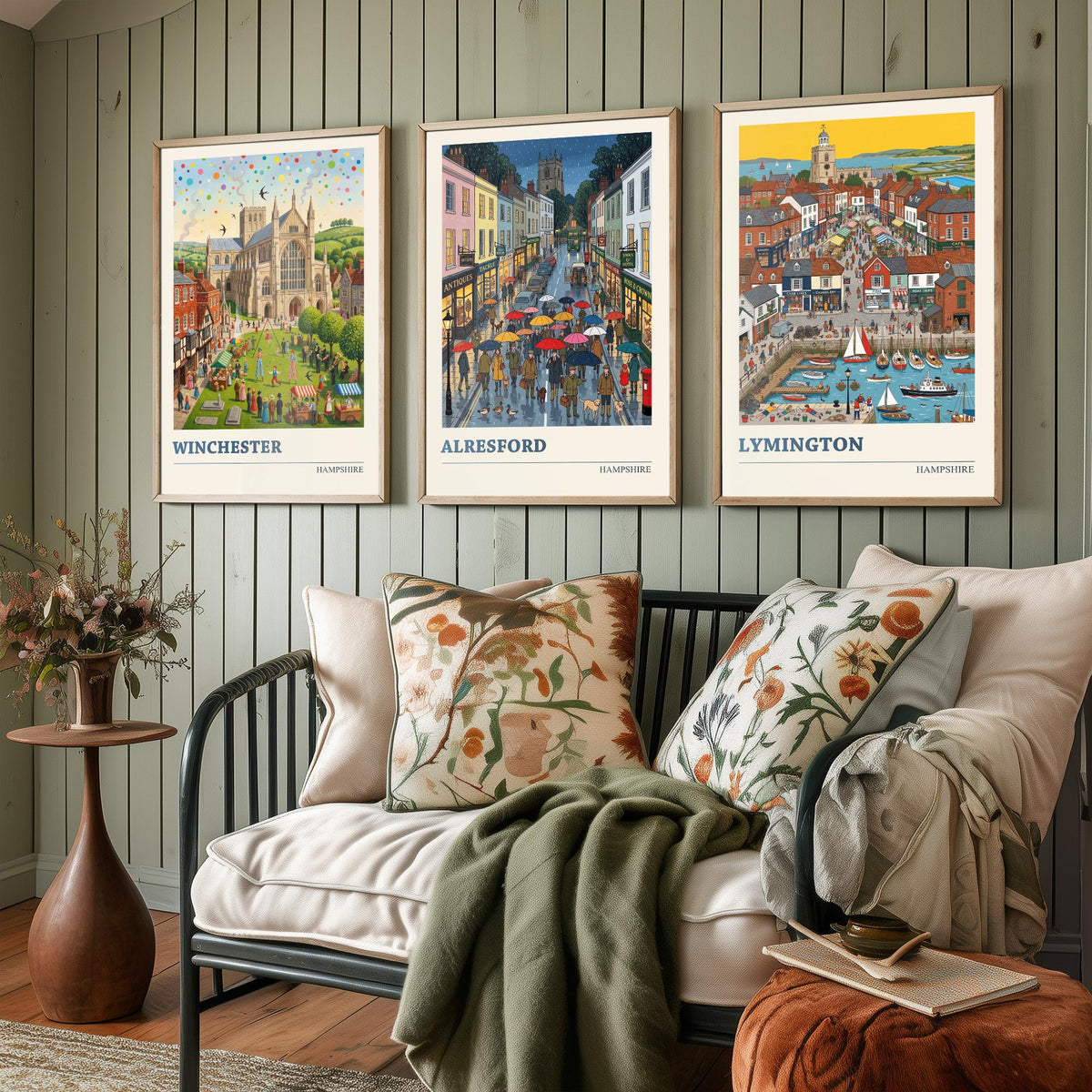 Hampshire Set of Three Art Prints - Winchester, Alresford, Lymington - 3 Colourful Folk Illustration Travel Posters - Hampshire Painting