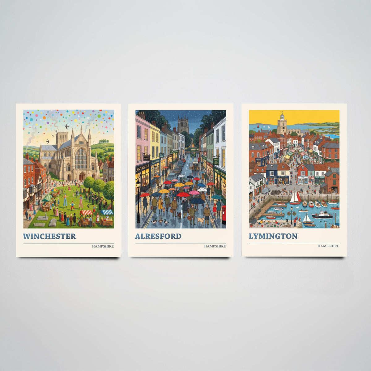 Hampshire Set of Three Art Prints - Winchester, Alresford, Lymington - 3 Colourful Folk Illustration Travel Posters - Hampshire Painting