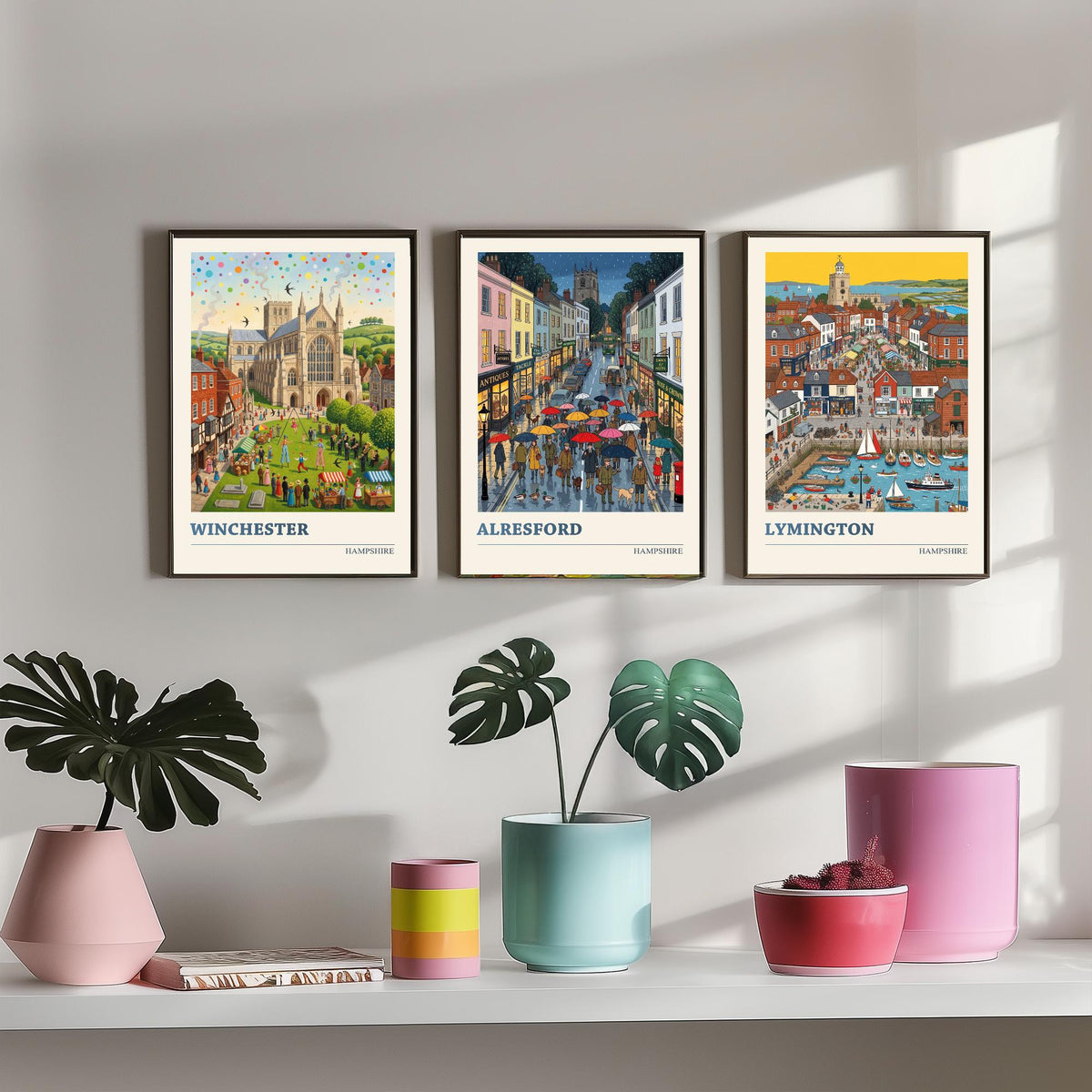 Hampshire Set of Three Art Prints - Winchester, Alresford, Lymington - 3 Colourful Folk Illustration Travel Posters - Hampshire Painting