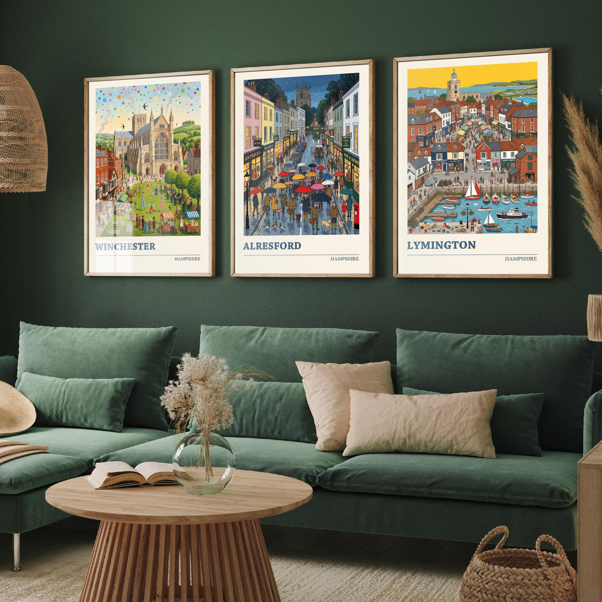 Hampshire Set of Three Art Prints - Winchester, Alresford, Lymington - 3 Colourful Folk Illustration Travel Posters - Hampshire Painting