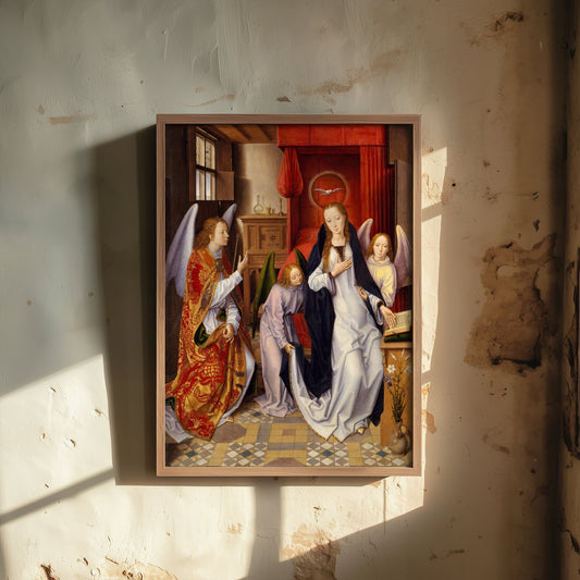 Hans Memling - The Annunciation (1480s) - Classic Painting Art Print - Archangel Gabriel Virgin Mary Angels Red Bedchamber Poster