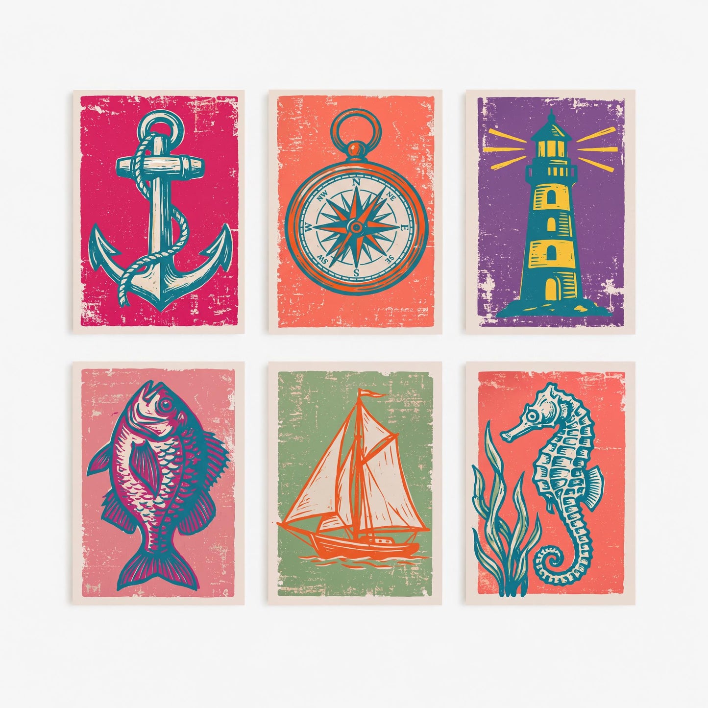 Set of Six Harbour and Nautical Art Prints - 6 Linocut Illustrations - Anchor, Compass, Lighthouse, Sailboat, Seahorse - Coastal Posters
