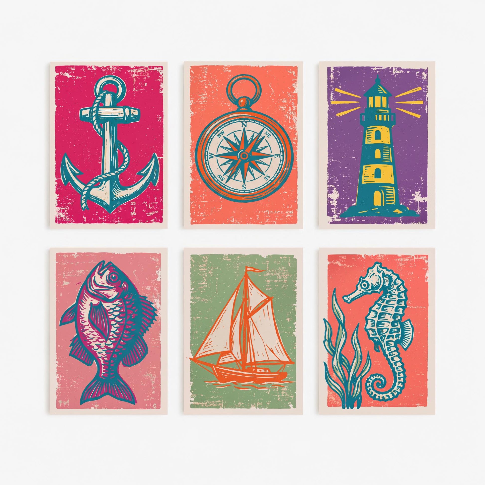 Set of Six Harbour and Nautical Art Prints - 6 Linocut Illustrations - Anchor, Compass, Lighthouse, Sailboat, Seahorse - Coastal Posters