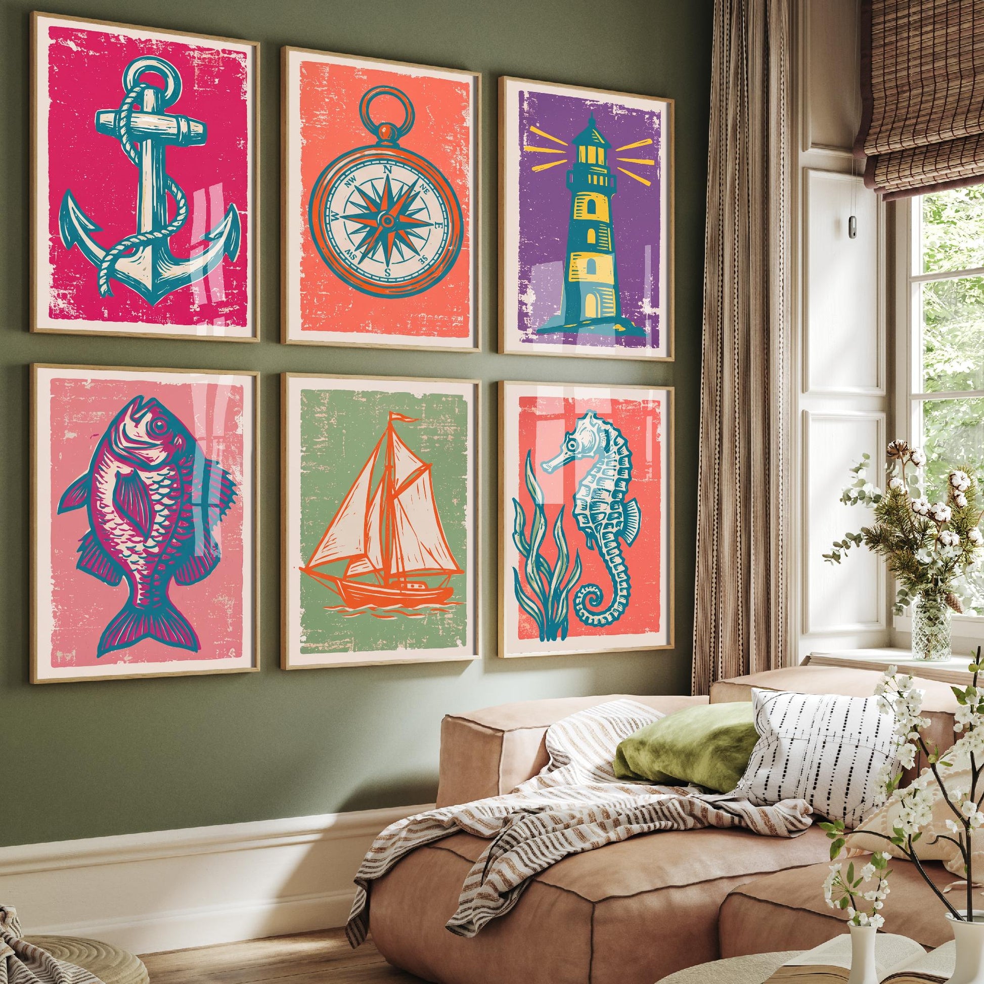 Set of Six Harbour and Nautical Art Prints - 6 Linocut Illustrations - Anchor, Compass, Lighthouse, Sailboat, Seahorse - Coastal Posters