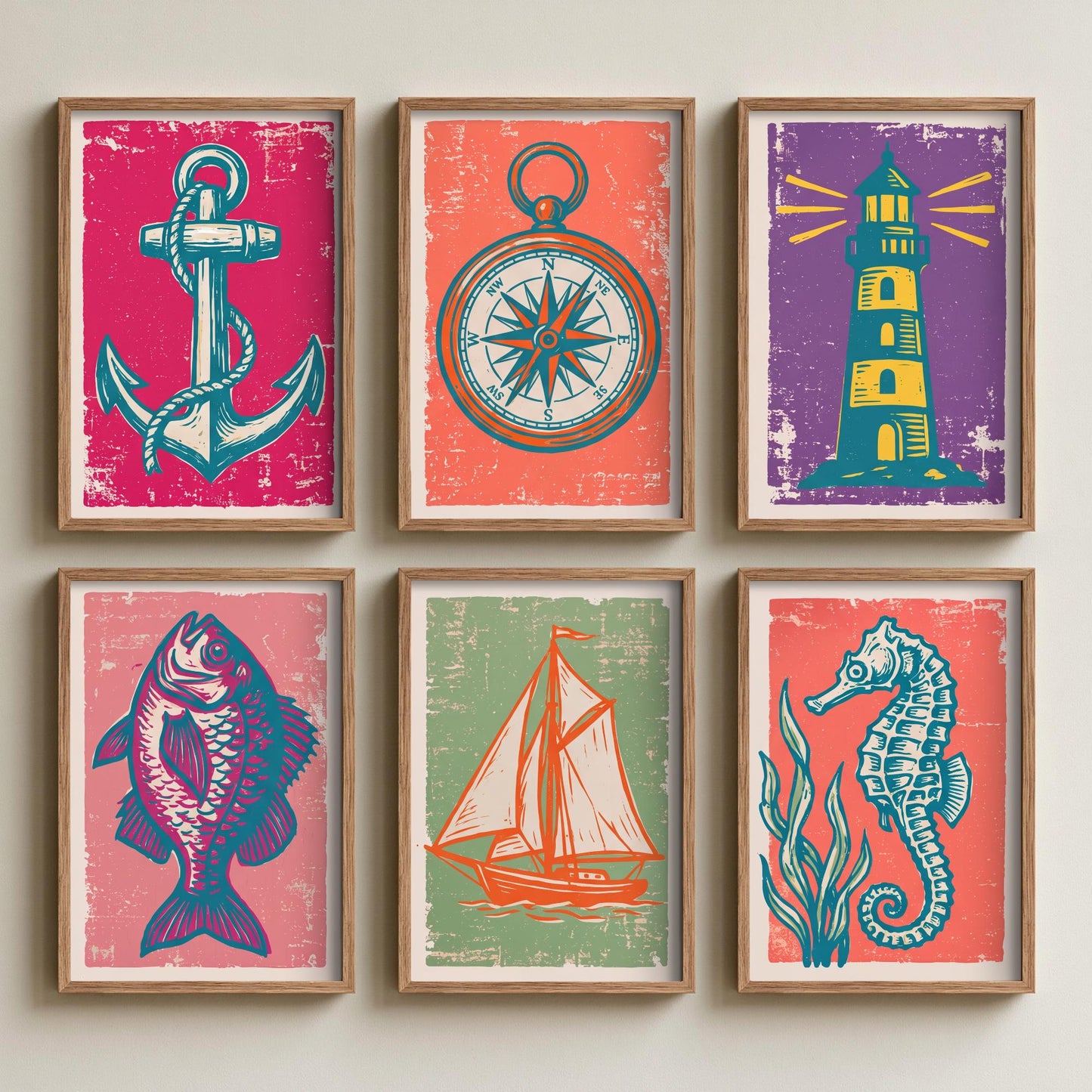 Set of Six Harbour and Nautical Art Prints - 6 Linocut Illustrations - Anchor, Compass, Lighthouse, Sailboat, Seahorse - Coastal Posters