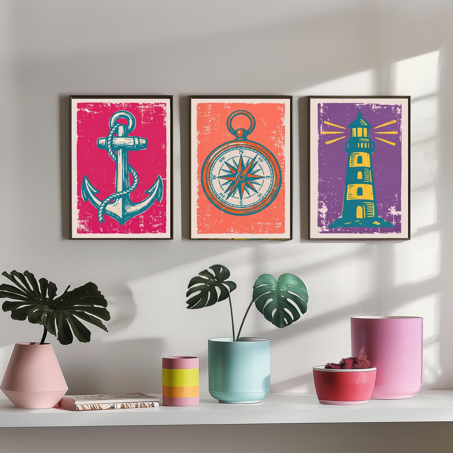 Anchor, Compass & Lighthouse - Set of Three Nautical Art Prints - Linocut Illustrations - Coastal Harbour Posters V1
