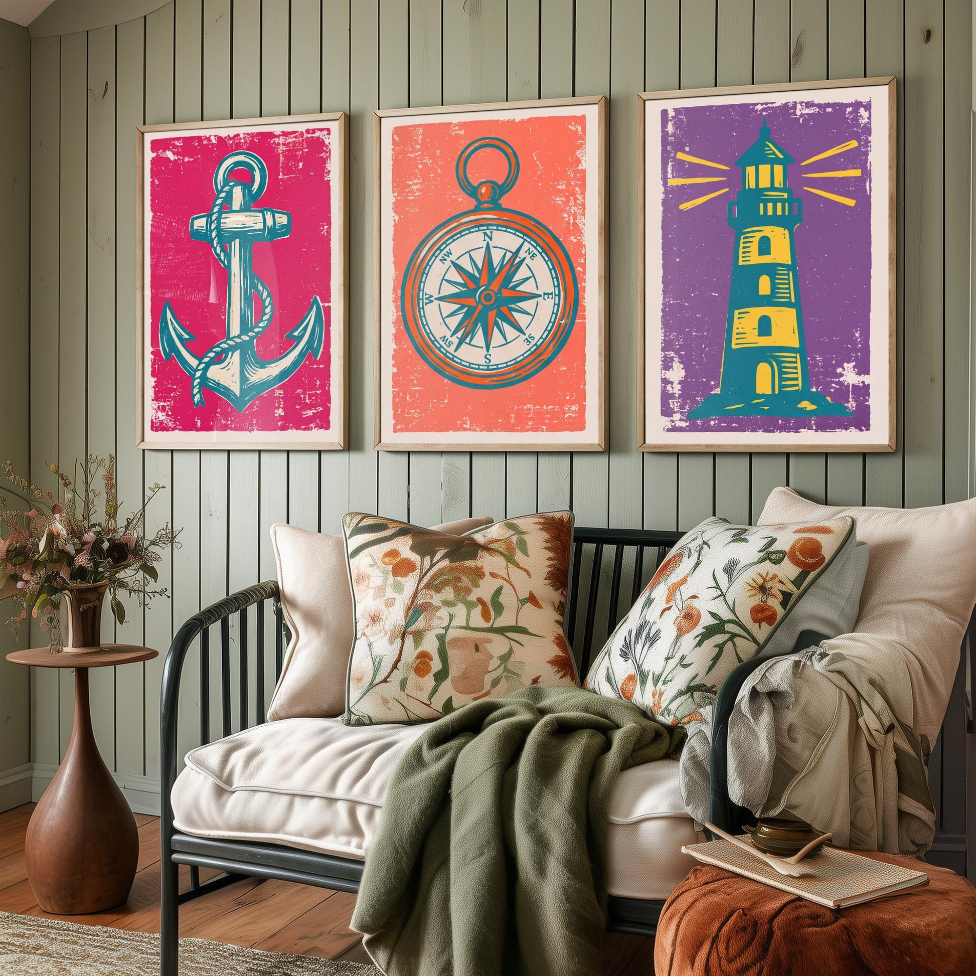 Anchor, Compass & Lighthouse - Set of Three Nautical Art Prints - Linocut Illustrations - Coastal Harbour Posters V1