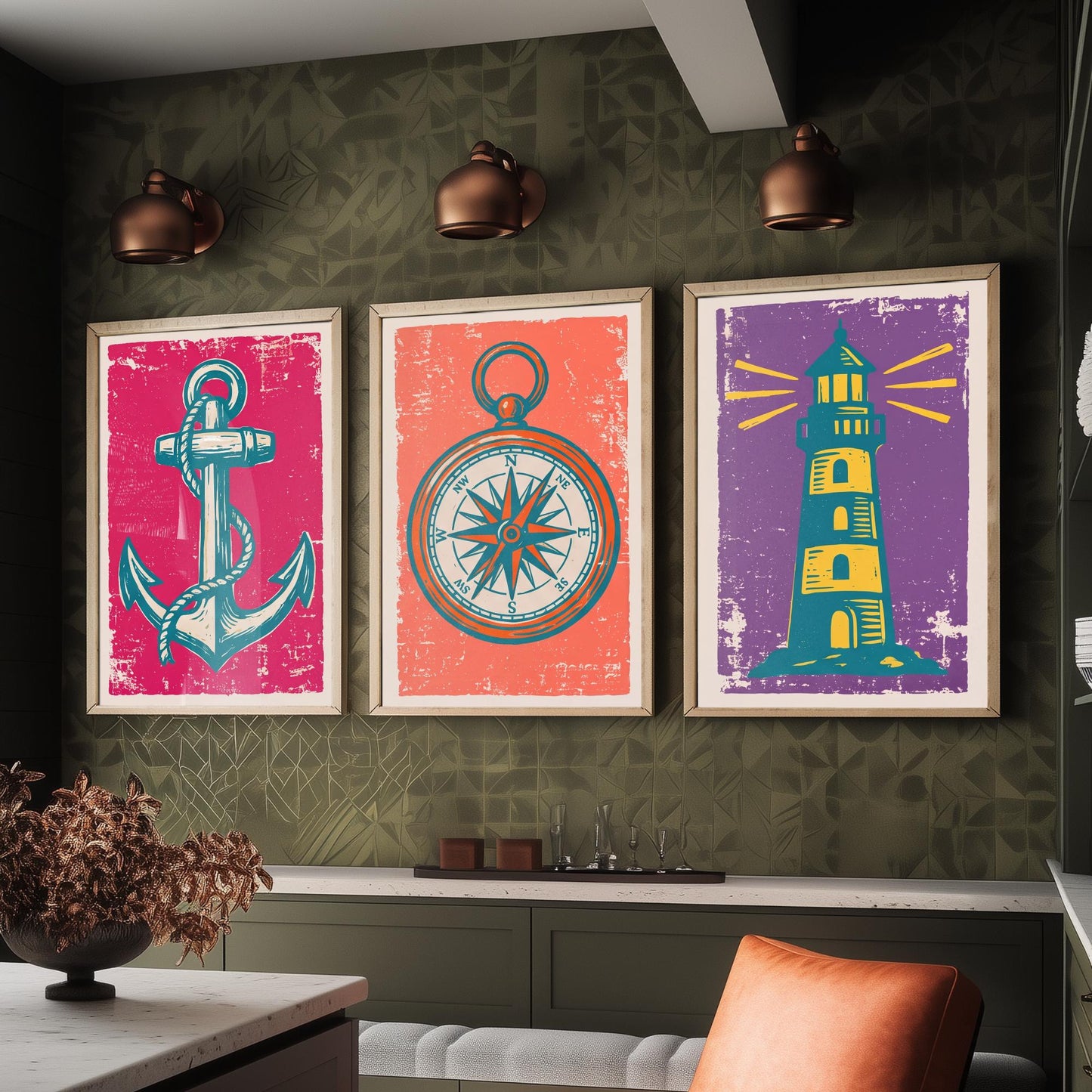 Anchor, Compass & Lighthouse - Set of Three Nautical Art Prints - Linocut Illustrations - Coastal Harbour Posters V1