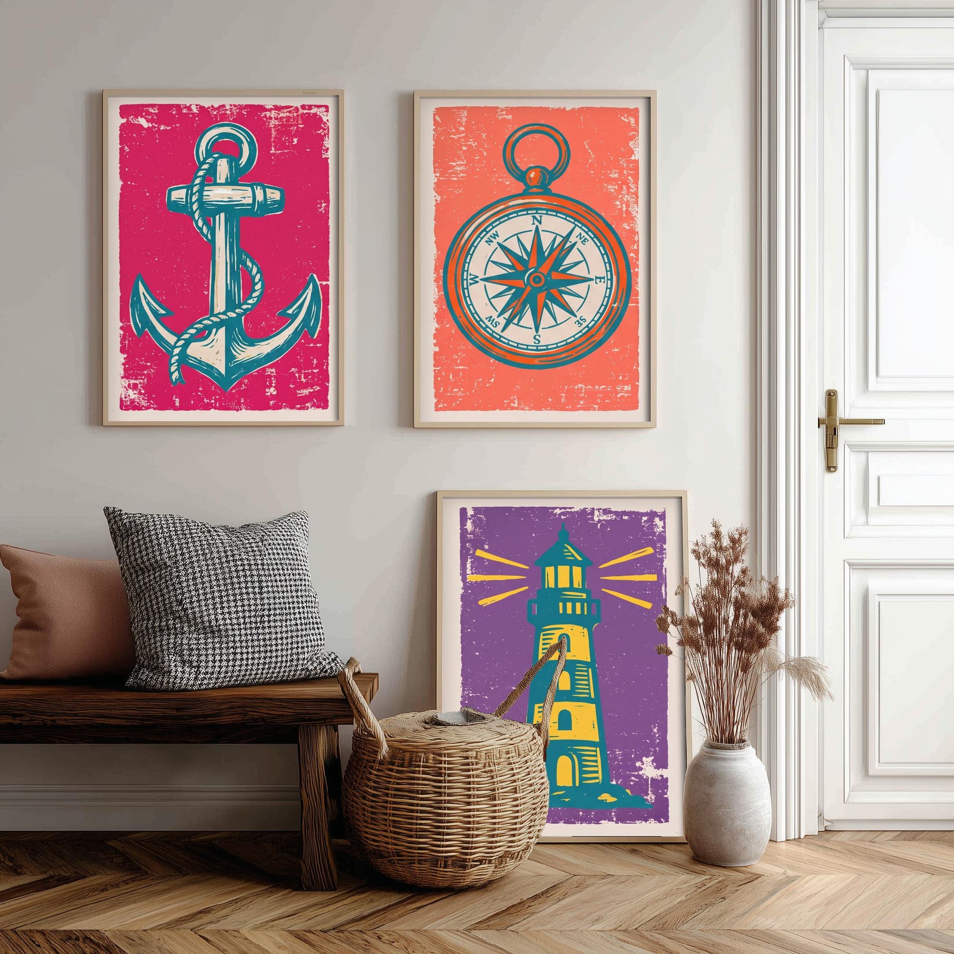 Anchor, Compass & Lighthouse - Set of Three Nautical Art Prints - Linocut Illustrations - Coastal Harbour Posters V1
