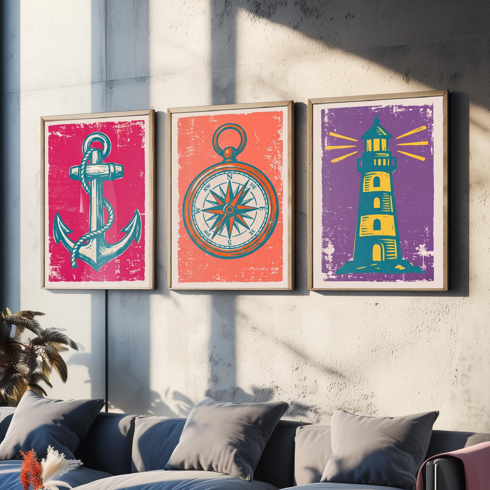 Anchor, Compass & Lighthouse - Set of Three Nautical Art Prints - Linocut Illustrations - Coastal Harbour Posters V1