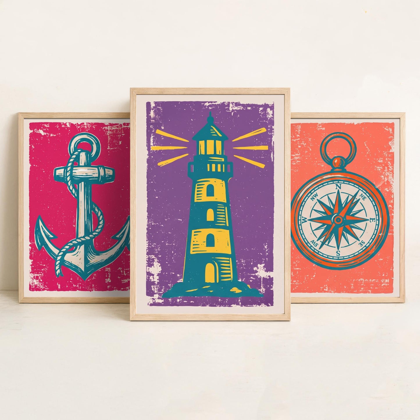 Anchor, Compass & Lighthouse - Set of Three Nautical Art Prints - Linocut Illustrations - Coastal Harbour Posters V1