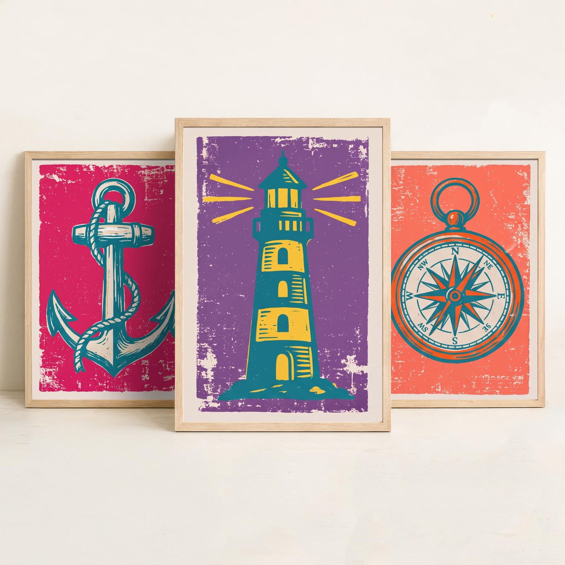 Anchor, Compass & Lighthouse - Set of Three Nautical Art Prints - Linocut Illustrations - Coastal Harbour Posters V1