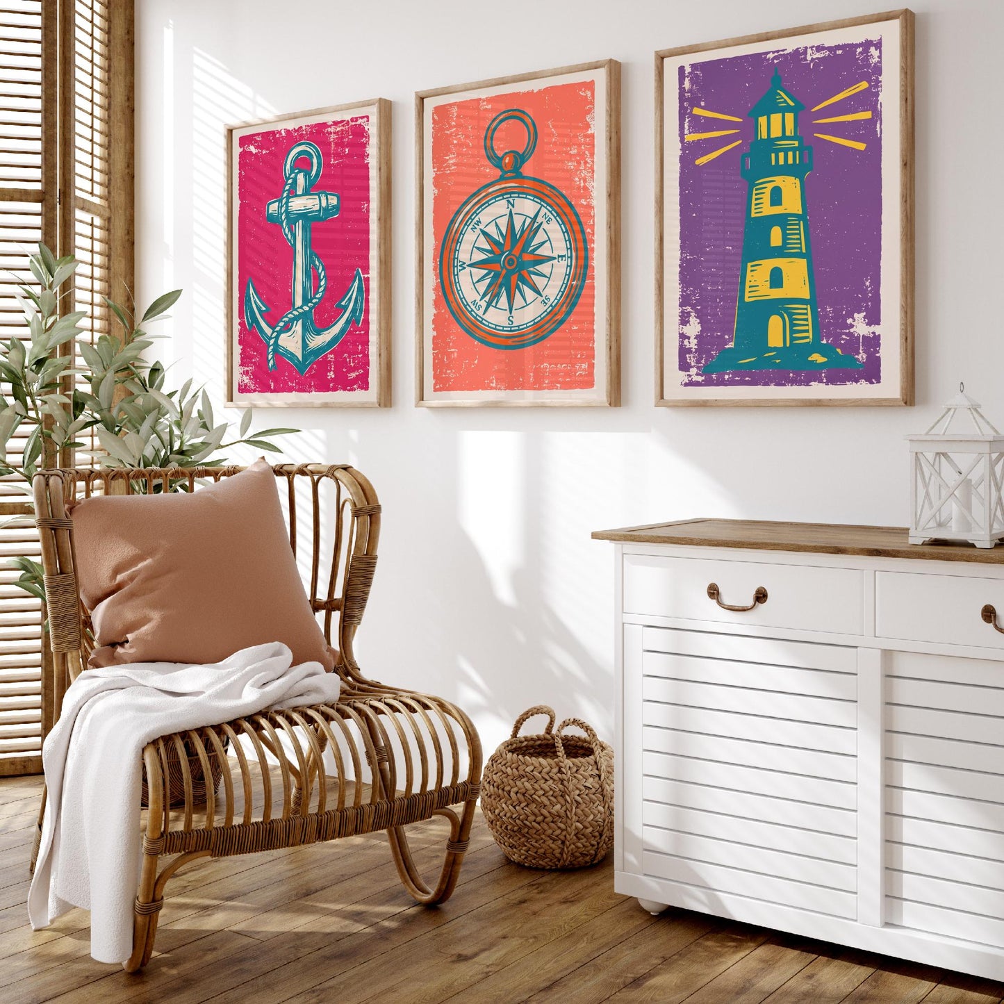 Anchor, Compass & Lighthouse - Set of Three Nautical Art Prints - Linocut Illustrations - Coastal Harbour Posters V1