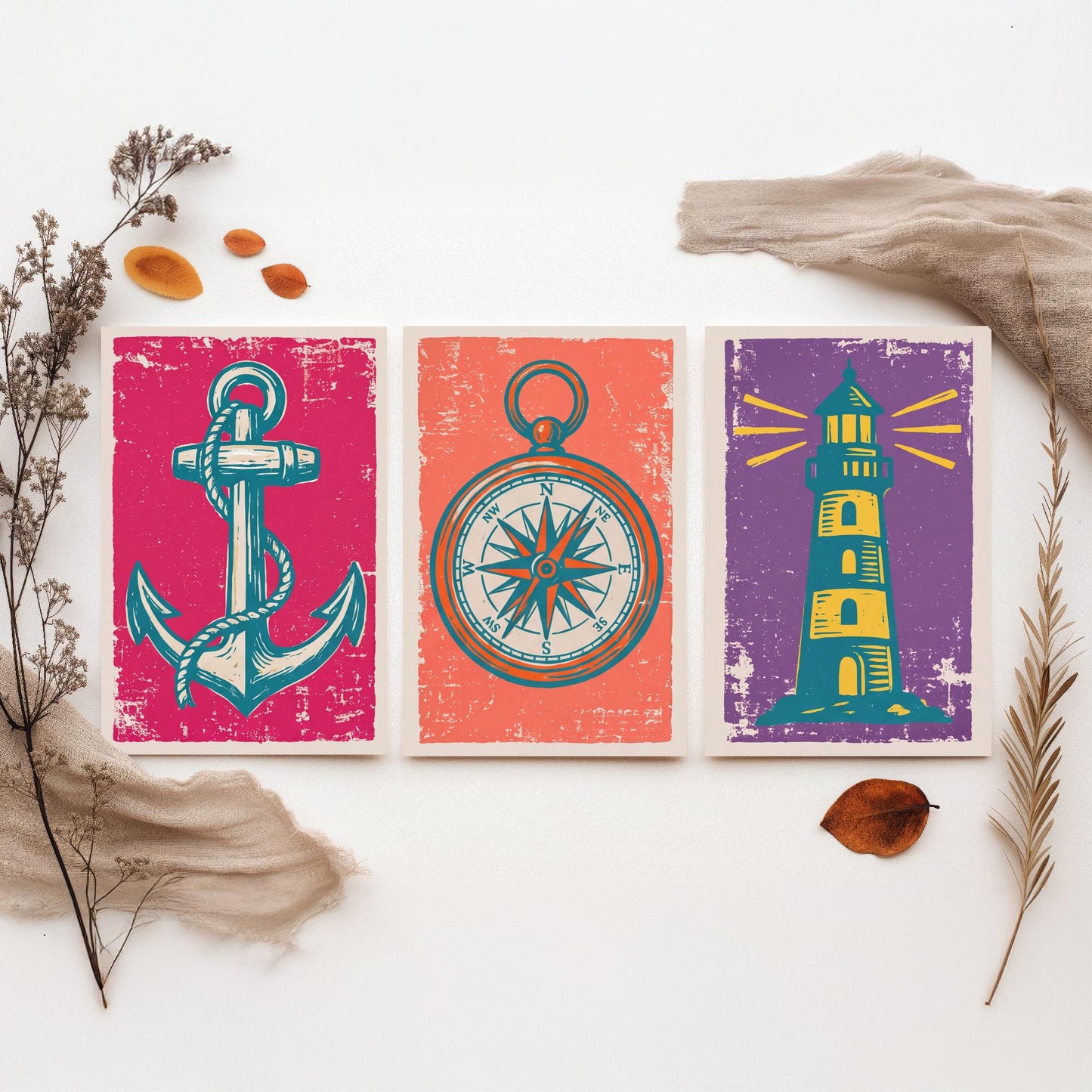 Anchor, Compass & Lighthouse - Set of Three Nautical Art Prints - Linocut Illustrations - Coastal Harbour Posters V1