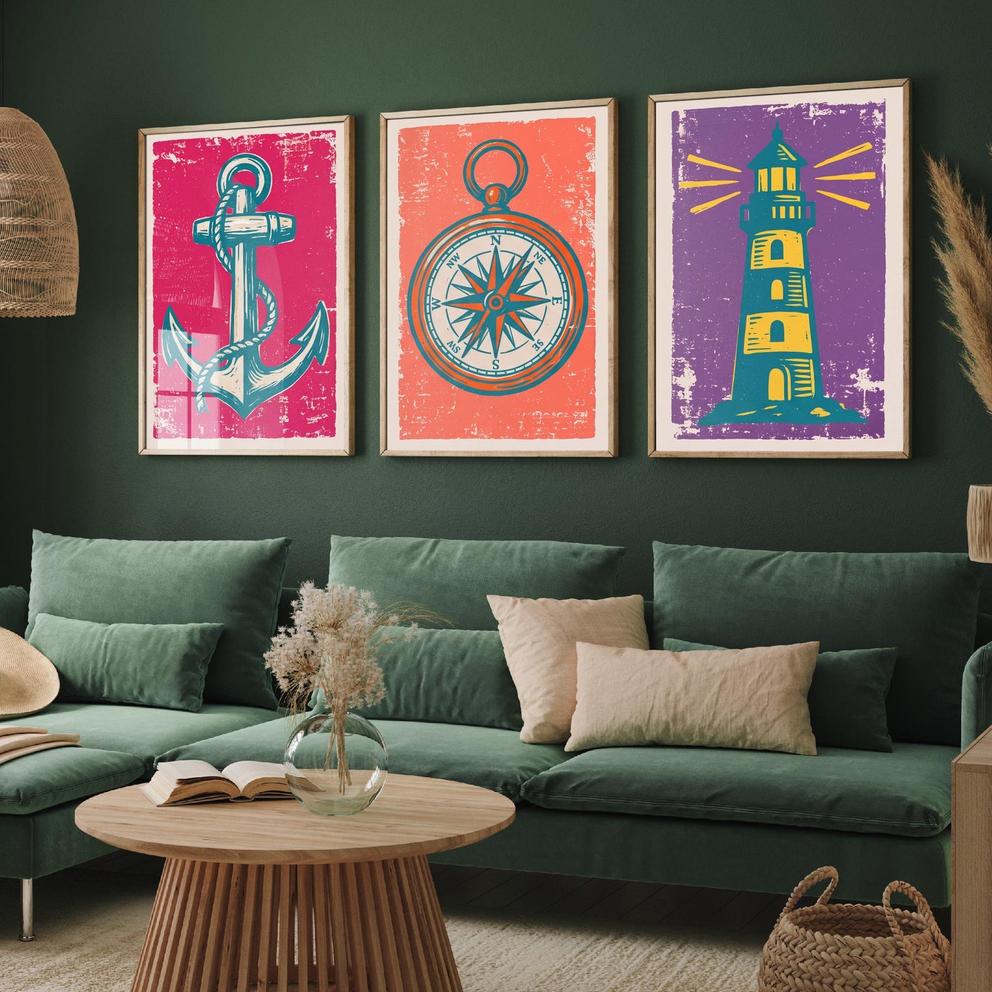 Anchor, Compass & Lighthouse - Set of Three Nautical Art Prints - Linocut Illustrations - Coastal Harbour Posters V1