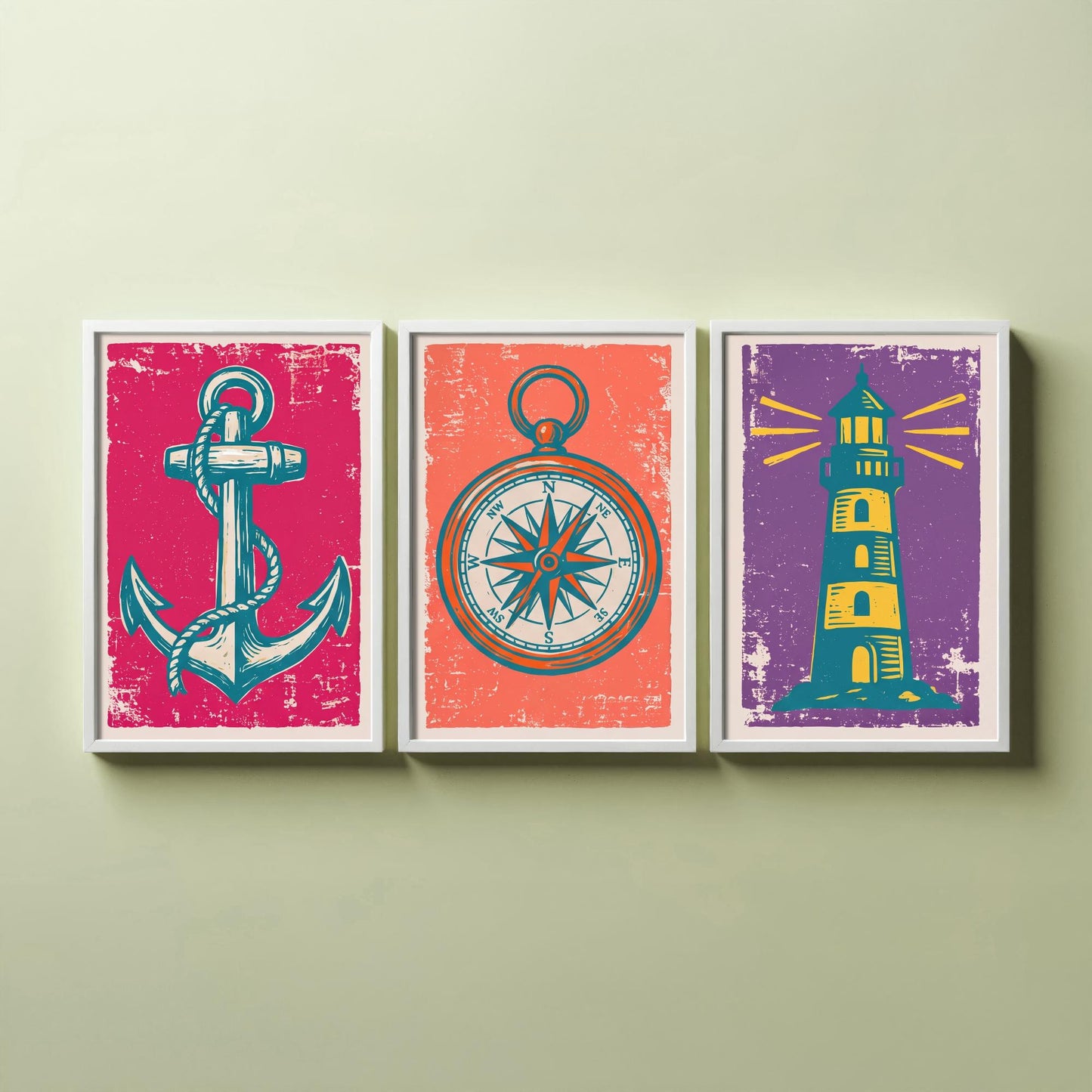 Anchor, Compass & Lighthouse - Set of Three Nautical Art Prints - Linocut Illustrations - Coastal Harbour Posters V1