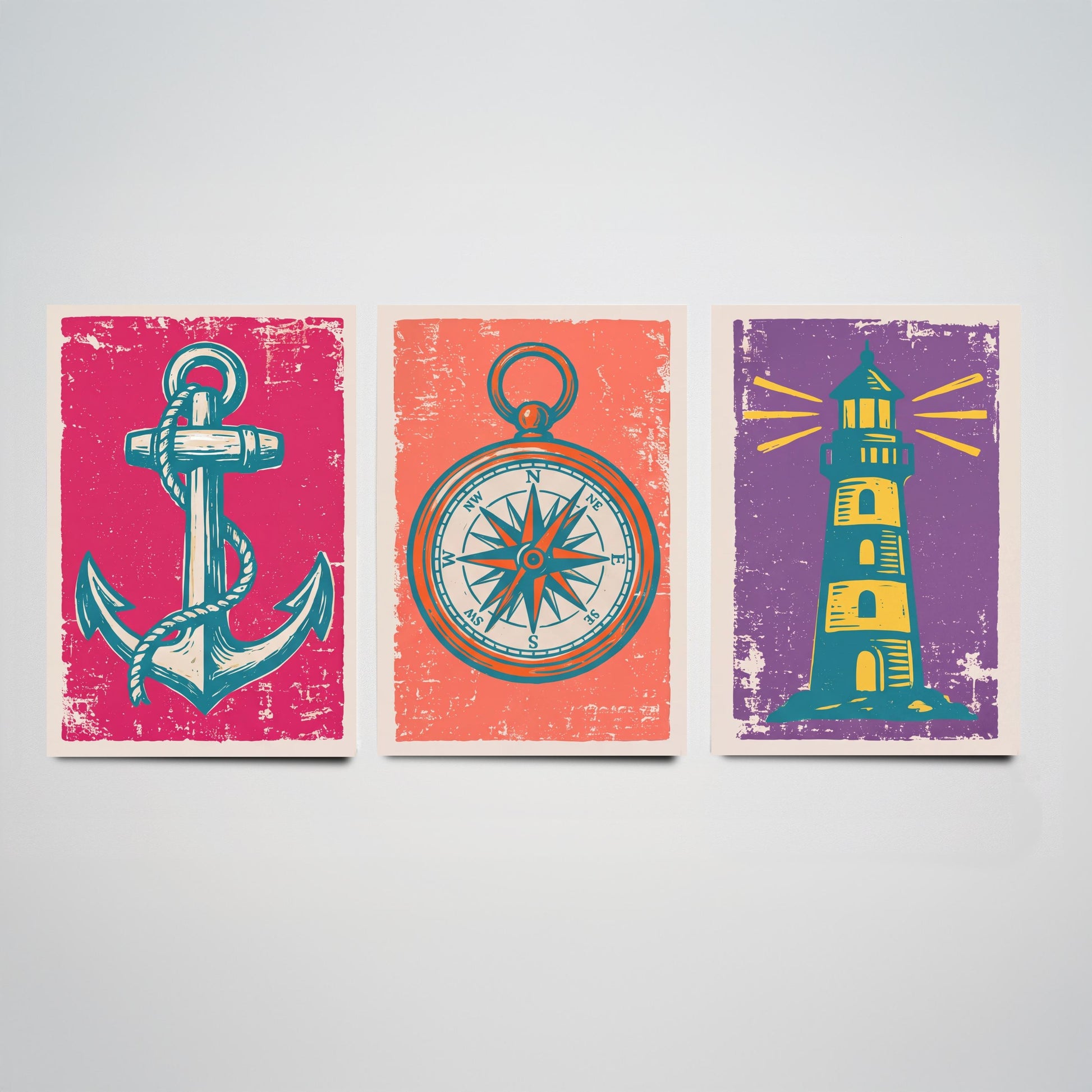 Anchor, Compass & Lighthouse - Set of Three Nautical Art Prints - Linocut Illustrations - Coastal Harbour Posters V1
