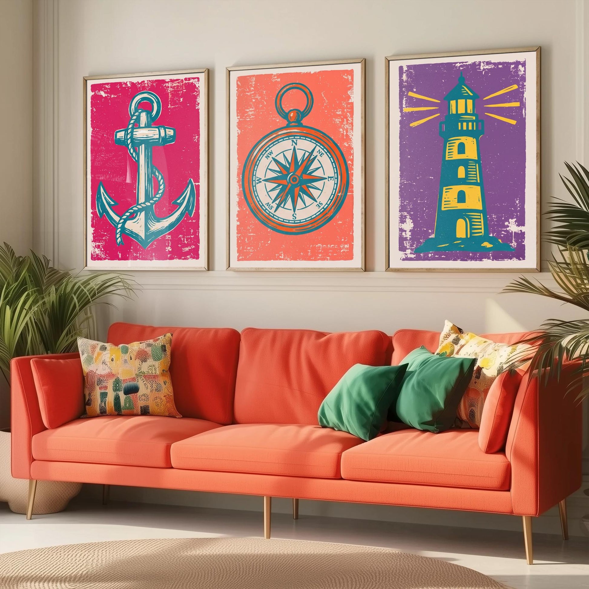 Anchor, Compass & Lighthouse - Set of Three Nautical Art Prints - Linocut Illustrations - Coastal Harbour Posters V1
