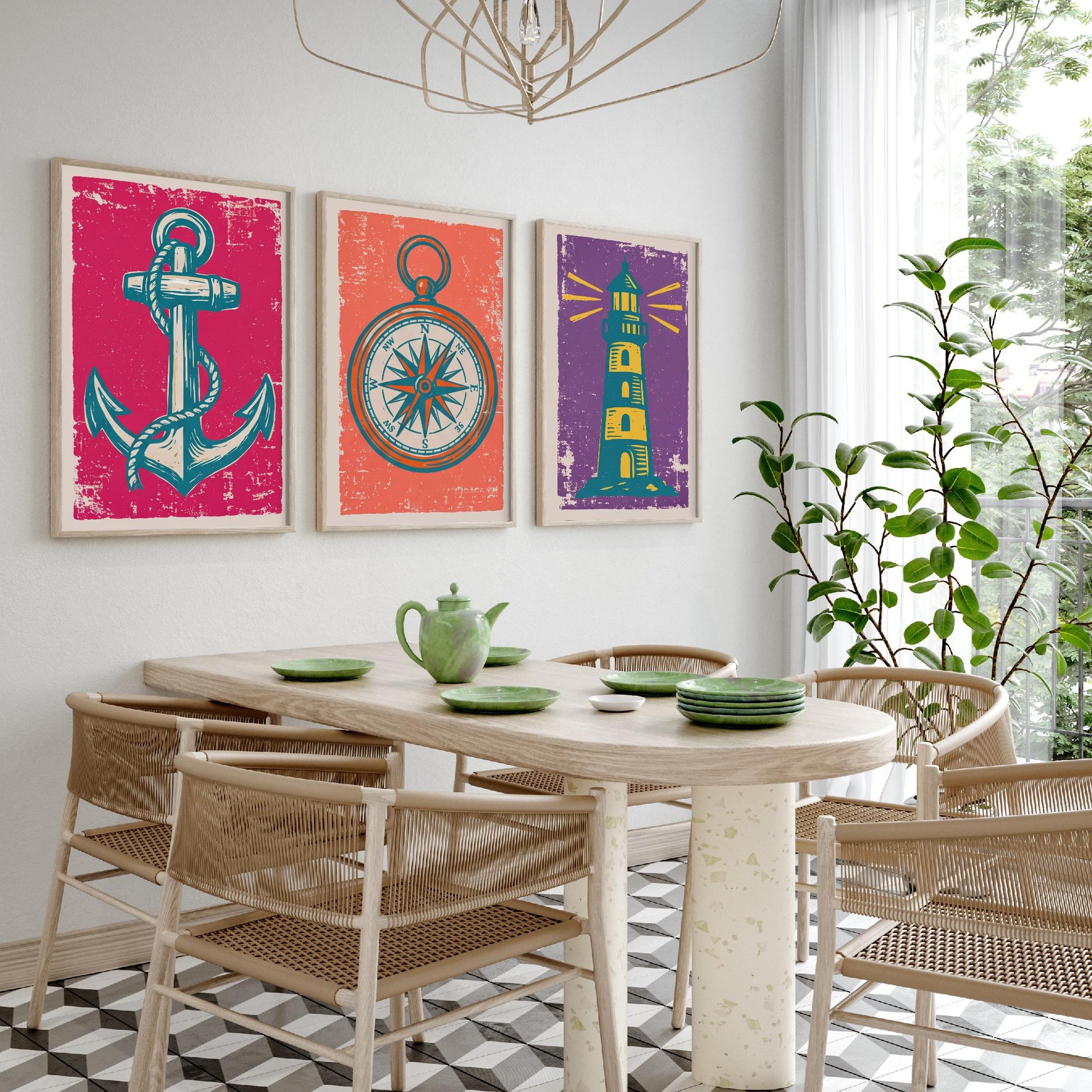 Anchor, Compass & Lighthouse - Set of Three Nautical Art Prints - Linocut Illustrations - Coastal Harbour Posters V1