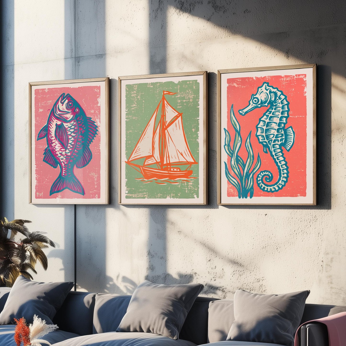 Fish, Sailing Boat & Seahorse - Set of Three Nautical Art Prints - Linocut Illustrations - Coastal Harbour Posters V2