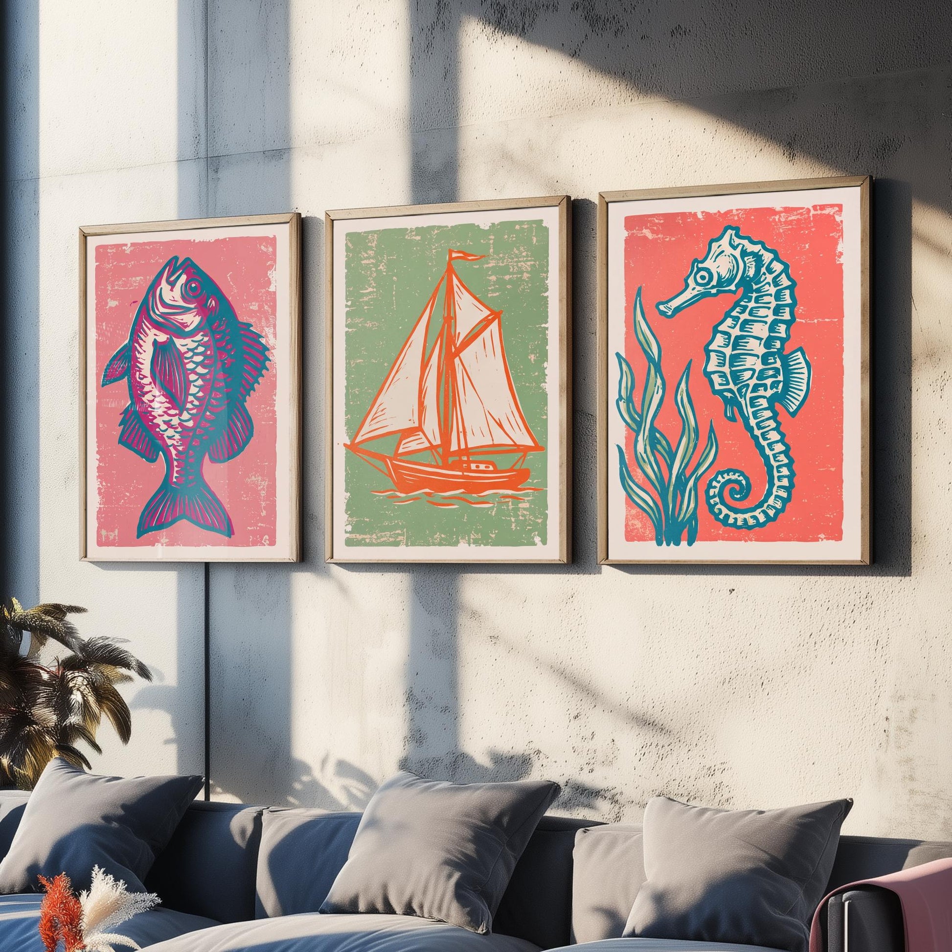 Fish, Sailing Boat & Seahorse - Set of Three Nautical Art Prints - Linocut Illustrations - Coastal Harbour Posters V2