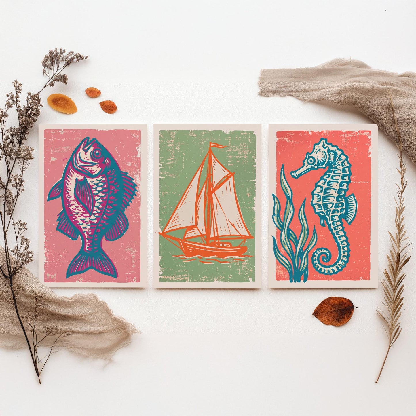 Fish, Sailing Boat & Seahorse - Set of Three Nautical Art Prints - Linocut Illustrations - Coastal Harbour Posters V2