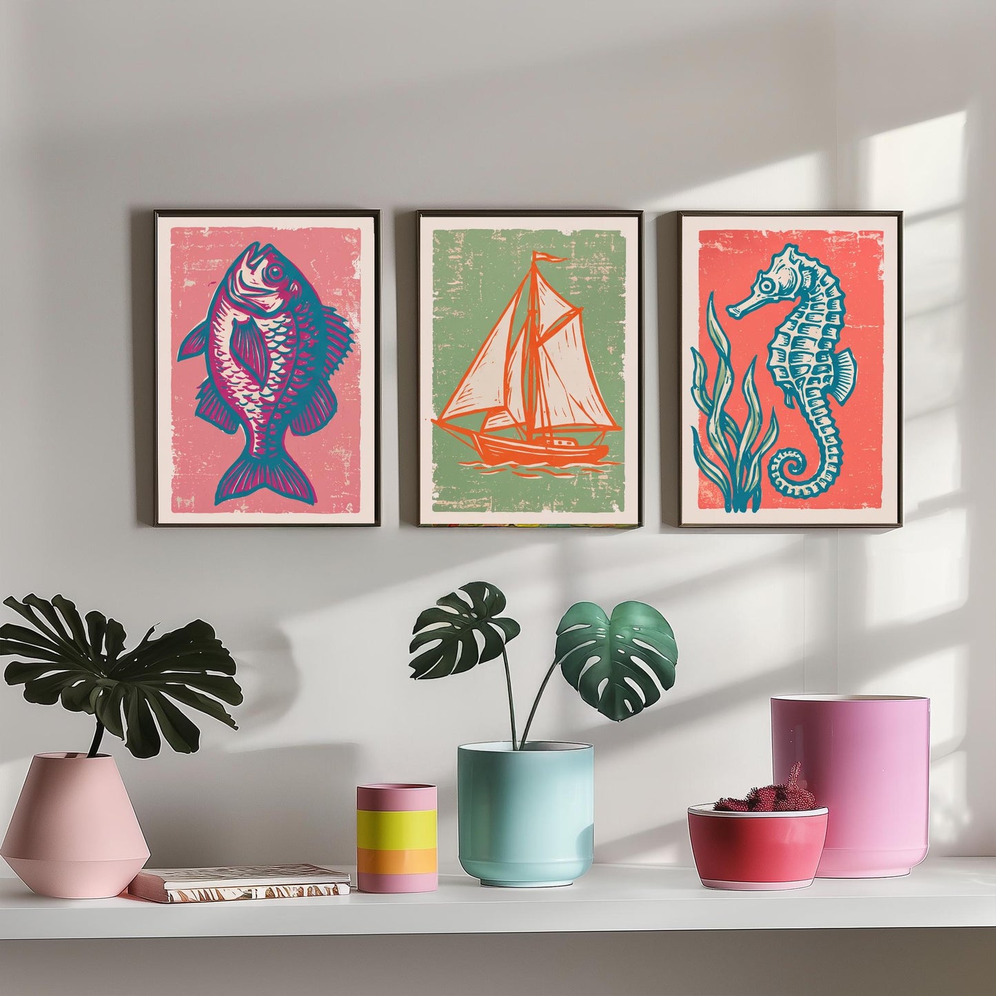 Fish, Sailing Boat & Seahorse - Set of Three Nautical Art Prints - Linocut Illustrations - Coastal Harbour Posters V2