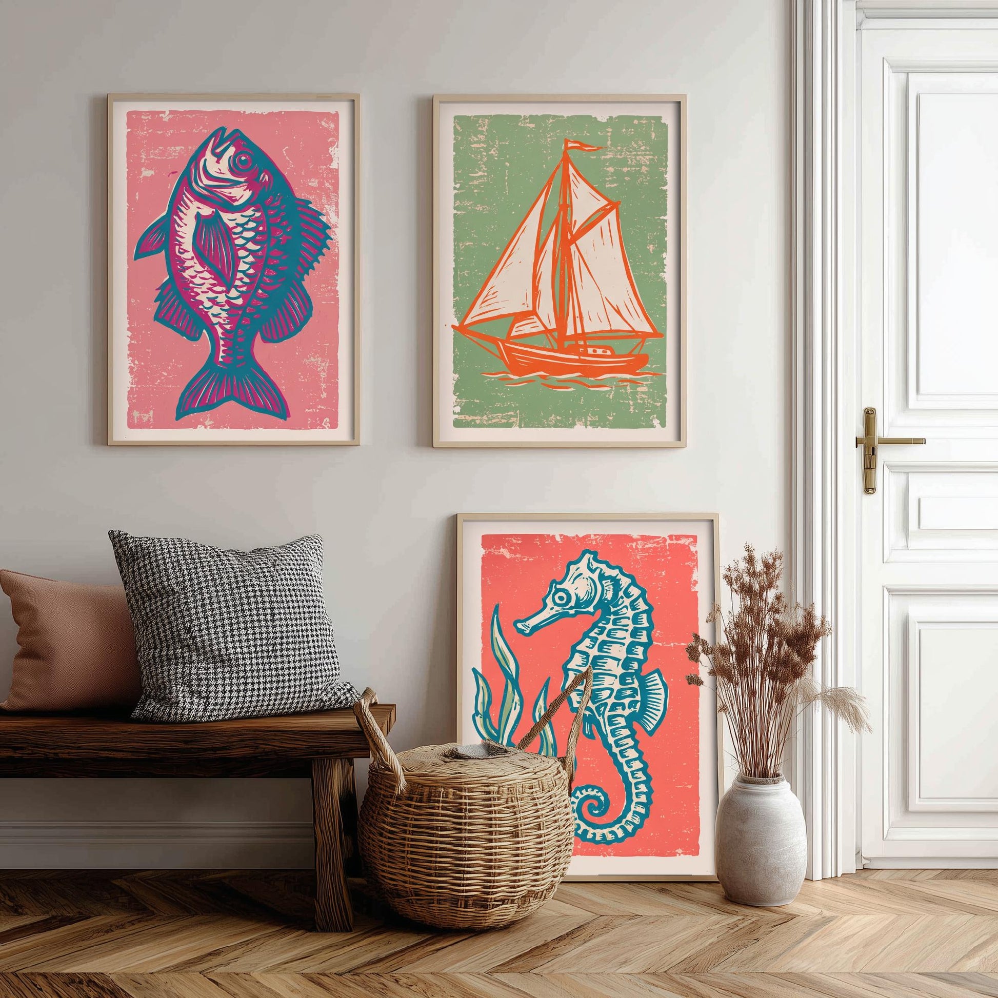 Fish, Sailing Boat & Seahorse - Set of Three Nautical Art Prints - Linocut Illustrations - Coastal Harbour Posters V2