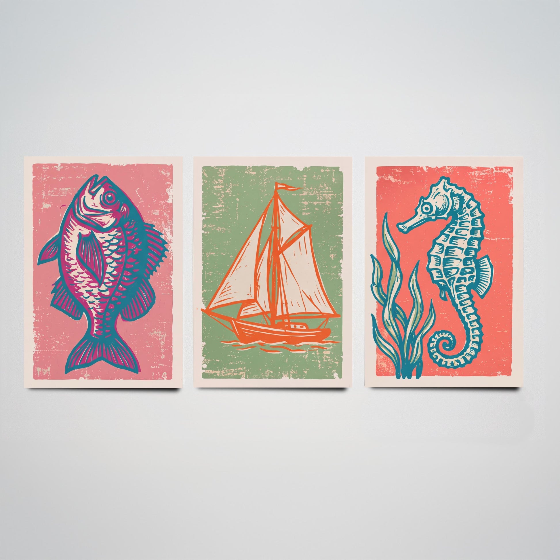 Fish, Sailing Boat & Seahorse - Set of Three Nautical Art Prints - Linocut Illustrations - Coastal Harbour Posters V2