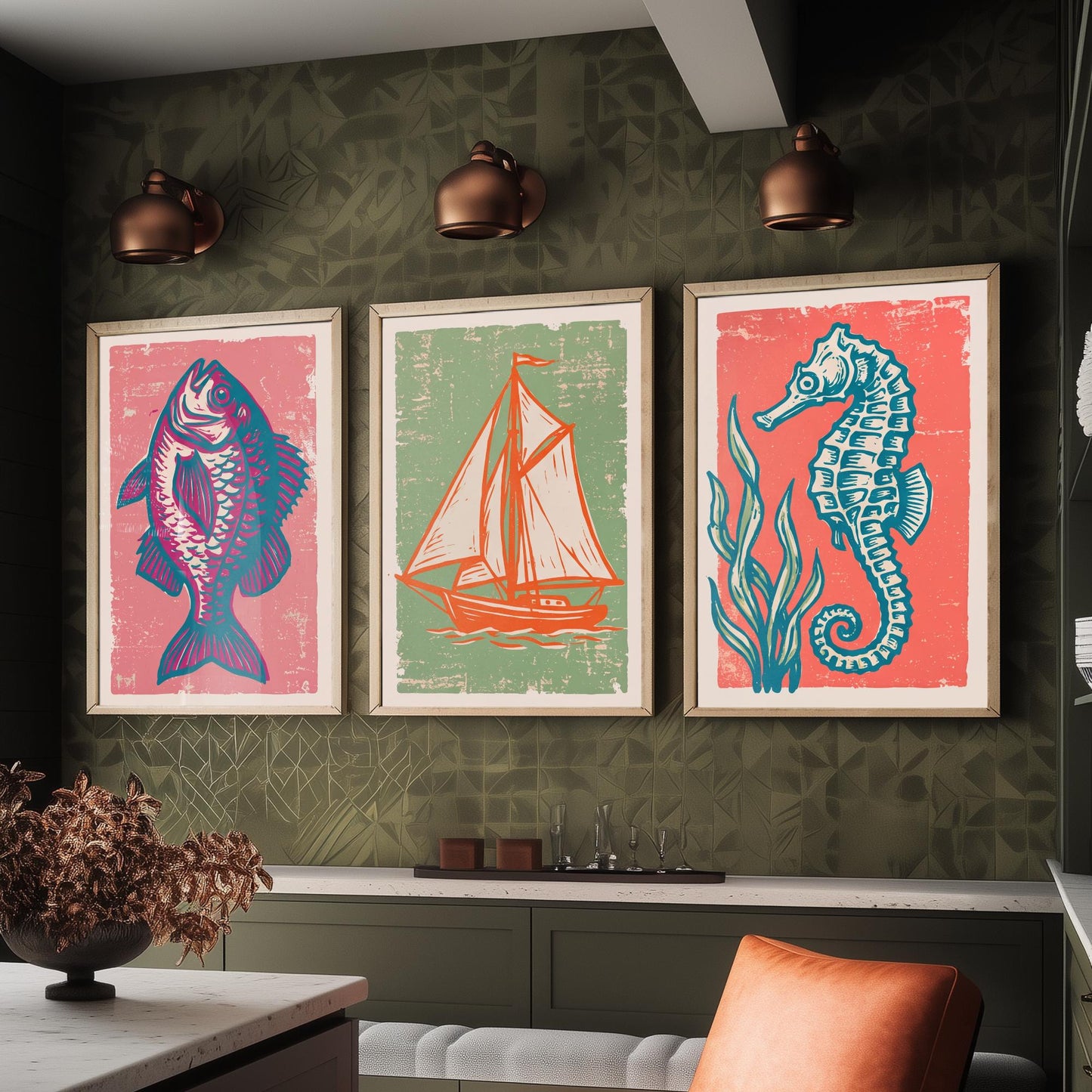 Fish, Sailing Boat & Seahorse - Set of Three Nautical Art Prints - Linocut Illustrations - Coastal Harbour Posters V2