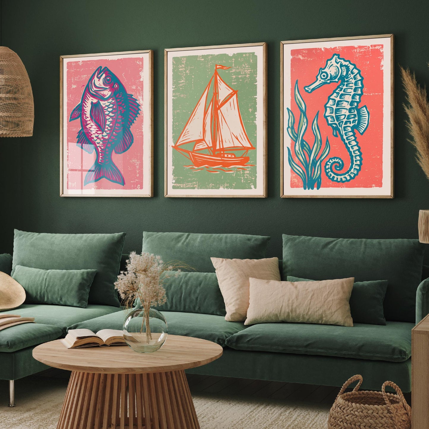 Fish, Sailing Boat & Seahorse - Set of Three Nautical Art Prints - Linocut Illustrations - Coastal Harbour Posters V2