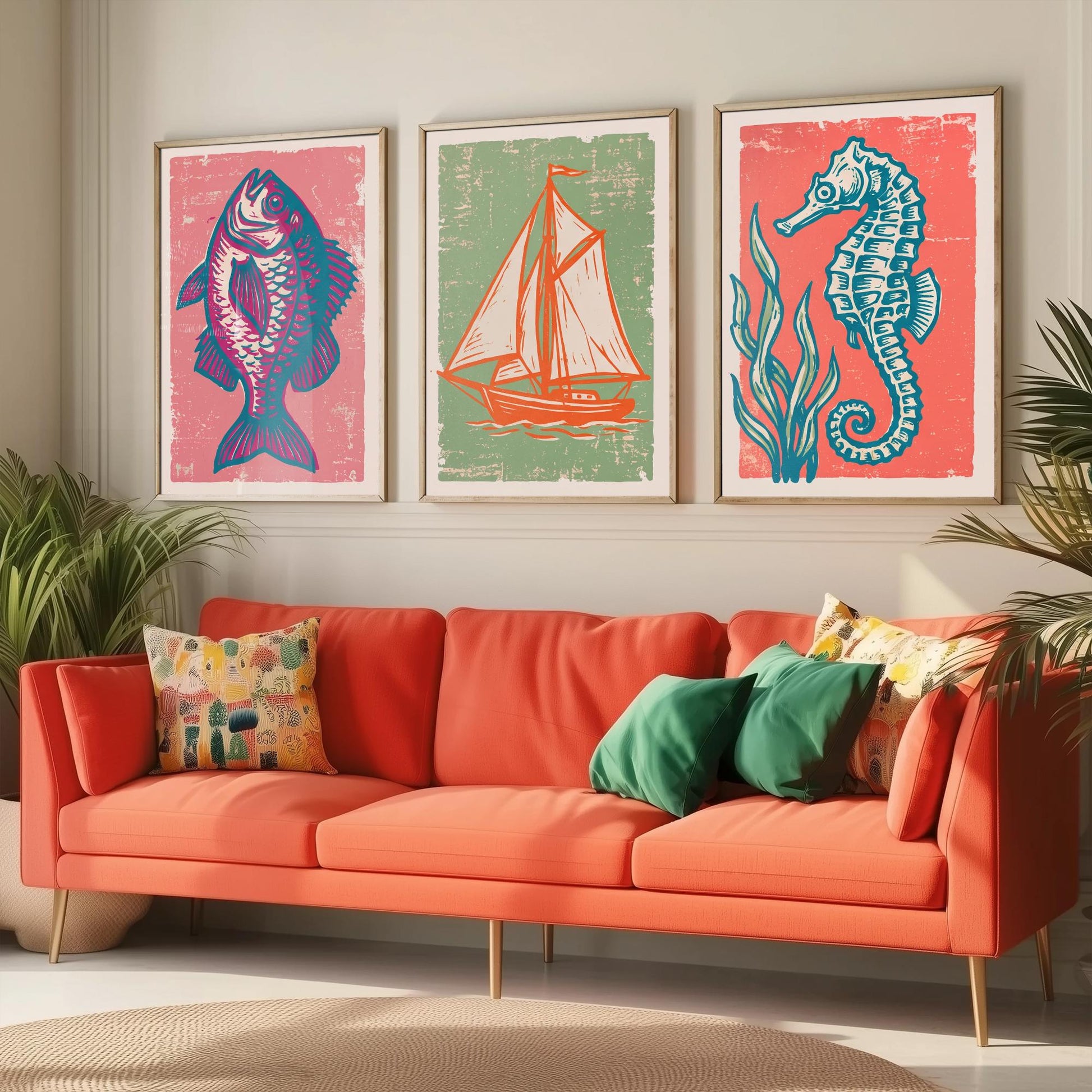 Fish, Sailing Boat & Seahorse - Set of Three Nautical Art Prints - Linocut Illustrations - Coastal Harbour Posters V2