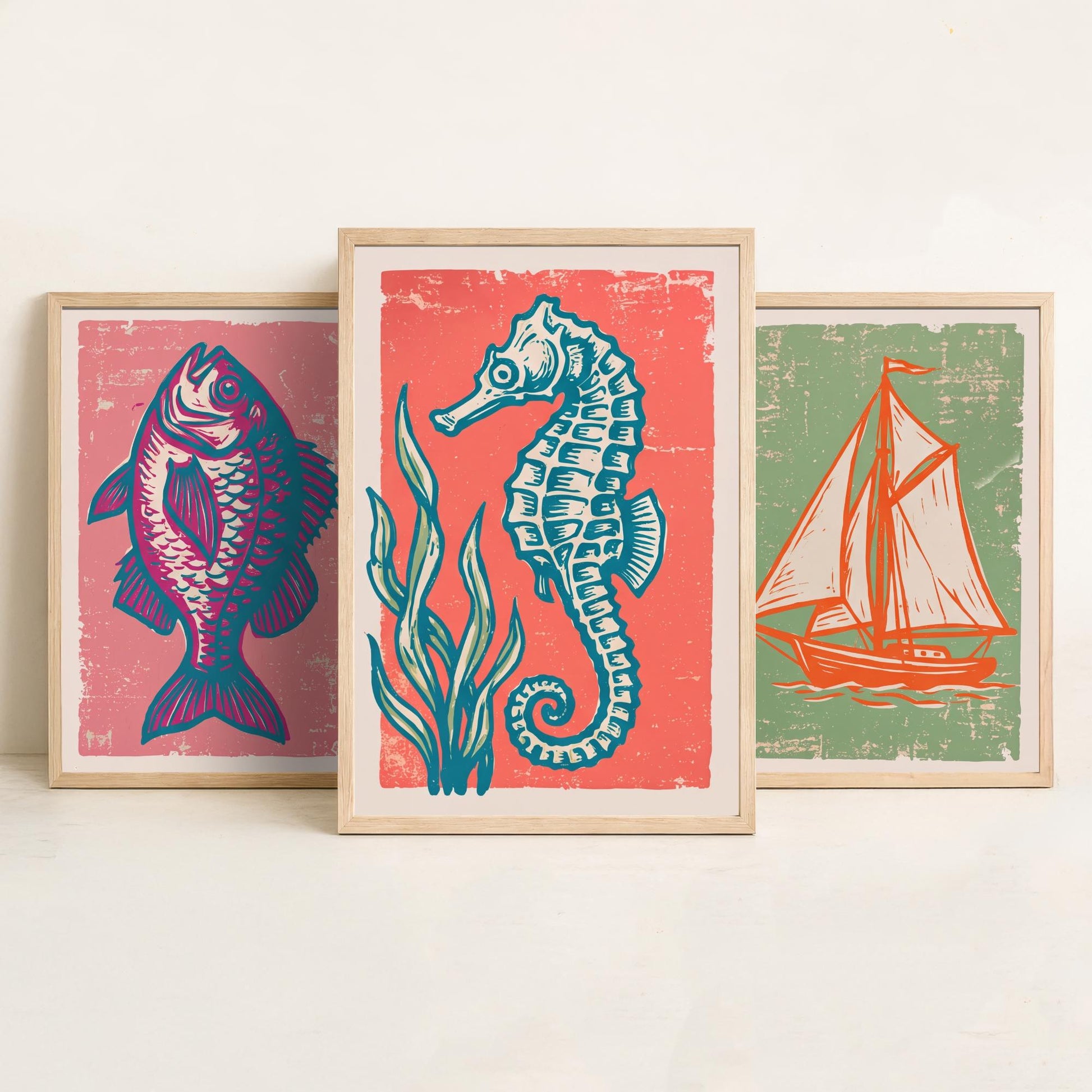 Fish, Sailing Boat & Seahorse - Set of Three Nautical Art Prints - Linocut Illustrations - Coastal Harbour Posters V2