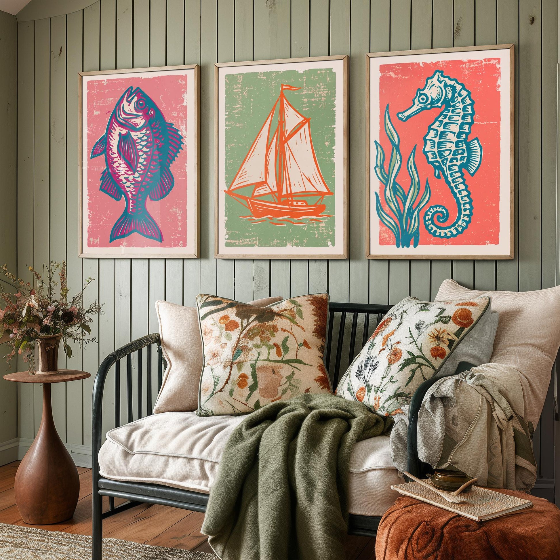 Fish, Sailing Boat & Seahorse - Set of Three Nautical Art Prints - Linocut Illustrations - Coastal Harbour Posters V2