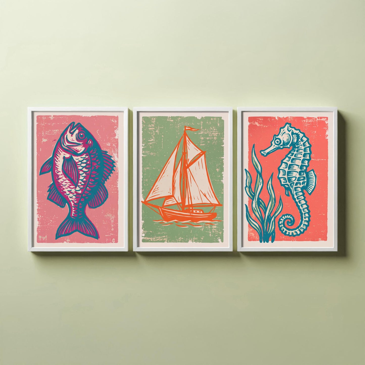 Fish, Sailing Boat & Seahorse - Set of Three Nautical Art Prints - Linocut Illustrations - Coastal Harbour Posters V2